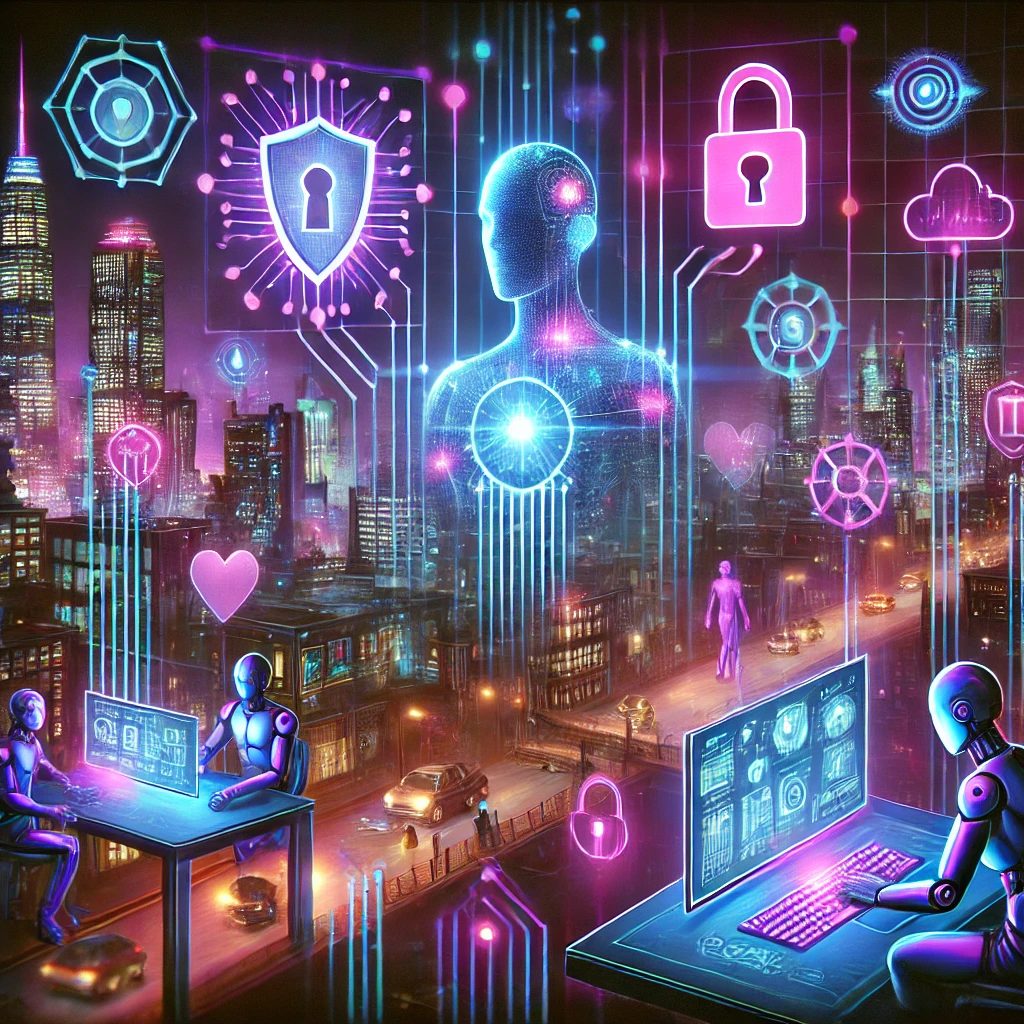 DALLE 2024-12-13 14.20.04 – A cyberpunk-style futuristic illustration symbolizing trends in cybersecu Ilustração no estilo cyberpunk representando tendências do futuro em cibersegurança. A imagem apresenta uma cidade futurista iluminada por luzes neon em tons de azul, roxo e rosa, com hologramas de cadeados e escudos digitais simbolizando proteção de dados. Humanos com melhorias cibernéticas trabalham ao lado de robôs, monitorando fluxos de dados brilhantes que atravessam sistemas interconectados. O cenário transmite uma atmosfera avançada e tecnológica, destacando a evolução da segurança digital em um mundo hiper conectado.