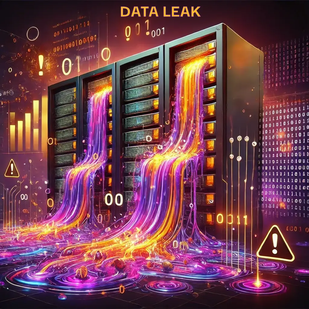 DALLE 2024-12-16 14.40.14 – A detailed and dramatic cyberpunk-style illustration representing (Data Leaks) Ilustração detalhada e dramática no estilo cyberpunk representando vazamento de dados. A imagem apresenta fluxos de código binário, caracteres alfanuméricos e elementos de dados estruturados fluindo como líquido tecnológico de racks de servidores danificados. As cores vibrantes em tons de roxo e laranja destacam a estética futurista. O cenário inclui ícones de alerta e um ambiente sombrio, transmitindo perigo e urgência em um contexto de tecnologia avançada.