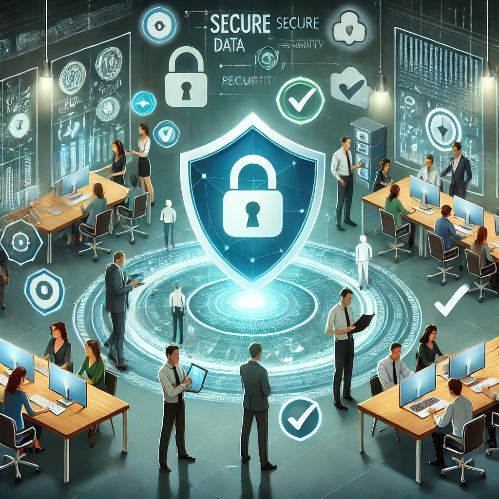 DALLE 2024-12-16 15.08.53 – An illustration representing the concept of cybersecurity culture in compani Ilustração representando a cultura de cibersegurança nas empresas. A imagem apresenta um grupo de funcionários em um escritório moderno, colaborando ao redor de hologramas e ícones digitais, como escudos, cadeados e checkmarks, simbolizando práticas seguras e proteção digital. O cenário reflete a integração de medidas de cibersegurança no ambiente corporativo, destacando a importância da cultura de cibersegurança nas empresas. As cores em azul e verde reforçam a mensagem de confiança e inovação.