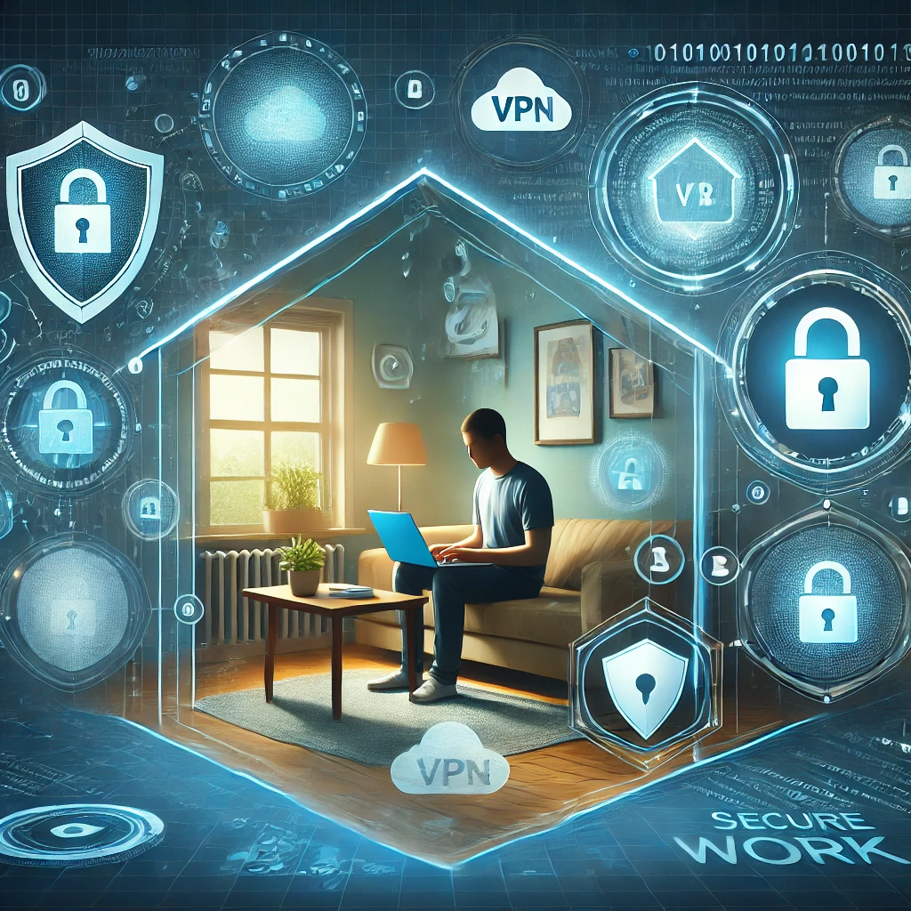 DALLE 2024-12-16 15.31.31 – An illustration representing secure remote work. The image features an individual Ilustração representando trabalho remoto com segurança. A imagem mostra uma pessoa trabalhando em um laptop em um ambiente doméstico, com ícones digitais como escudos brilhantes, cadeados e conexões criptografadas ao redor, simbolizando proteção cibernética. Hologramas de fluxos de dados e uma interface de rede segura reforçam o conceito de segurança. O cenário combina o conforto de uma casa com elementos tecnológicos, transmitindo a importância da segurança digital no trabalho remoto. As cores em azul e verde destacam confiança e proteção.