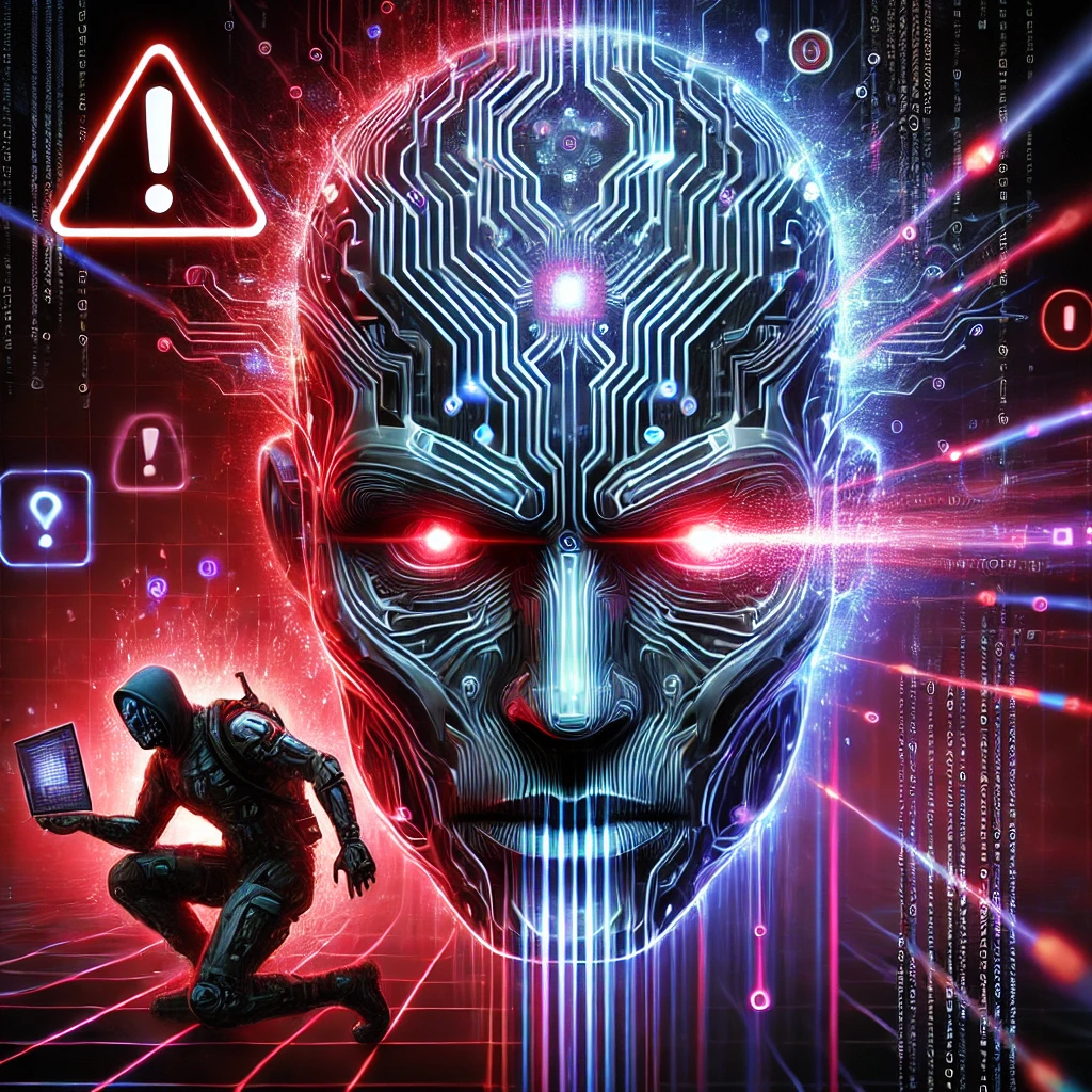 DALLE 2024-12-17 14.40.55 – A highly detailed and dramatic illustration representing an artificial intelligence in attack m Ilustração detalhada e dramática representando o uso de inteligência artificial em ataques cibernéticos. A imagem destaca um rosto artificial dividido entre humano e tecnológico, com circuitos brilhantes e olhos vermelhos emitindo luz agressiva. Raios de dados binários em azul e vermelho fluem do rosto, simbolizando um ataque digital em andamento. Um hacker encapuzado aparece no canto inferior, manipulando um laptop, enquanto ícones de alerta, como pontos de exclamação e sinais de perigo, surgem no fundo, criando uma atmosfera tecnológica, ameaçadora e futurista.