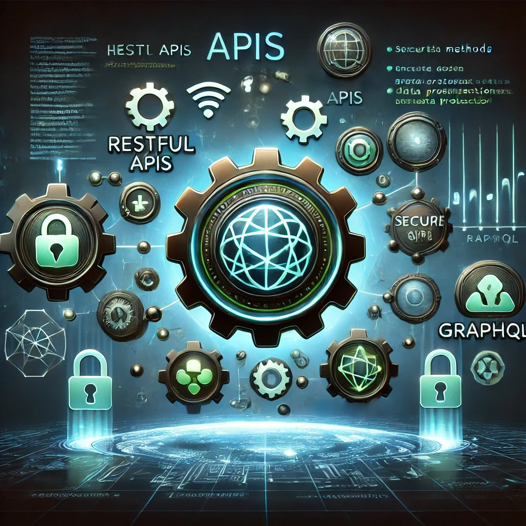 DALLE 2024-12-18 14.45.27 – A modern and futuristic illustration representing security in APIs RESTful and Ilustração moderna e futurista representando a segurança em APIs RESTful e GraphQL. A imagem apresenta ícones de APIs, como engrenagens e gráficos conectados, simbolizando RESTful e GraphQL. Escudos digitais, cadeados brilhantes e fluxos de dados protegidos envolvem os símbolos, destacando medidas de segurança avançadas. O fundo tecnológico com linhas holográficas e elementos de proteção transmite confiança e proteção em um cenário cibernético.