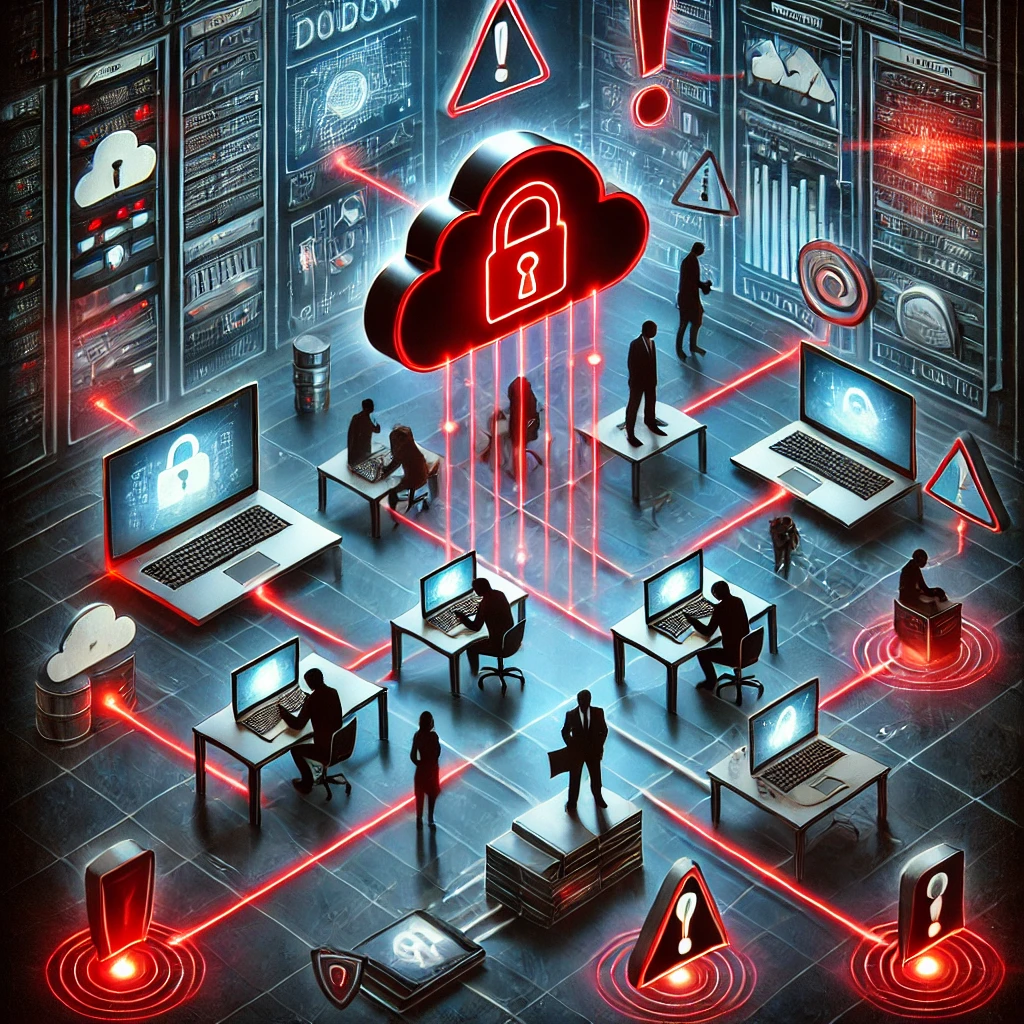 DALLE 2024-12-18 14.58.29 – A dramatic and detailed illustration representing the risks of Shadow IT in companies. The image sho Ilustração detalhada e dramática representando os riscos do Shadow IT nas empresas. A imagem apresenta um ambiente corporativo com dispositivos não autorizados, como laptops e smartphones, conectados a redes invisíveis. Fluxos de dados em tons vermelhos e ícones de alerta, como sinais de perigo e cadeados quebrados, simbolizam vulnerabilidades e riscos de segurança. A atmosfera escura e tecnológica, com silhuetas sombrias operando os dispositivos, transmite o conceito de atividades ocultas e riscos cibernéticos associados ao uso não autorizado de tecnologia.