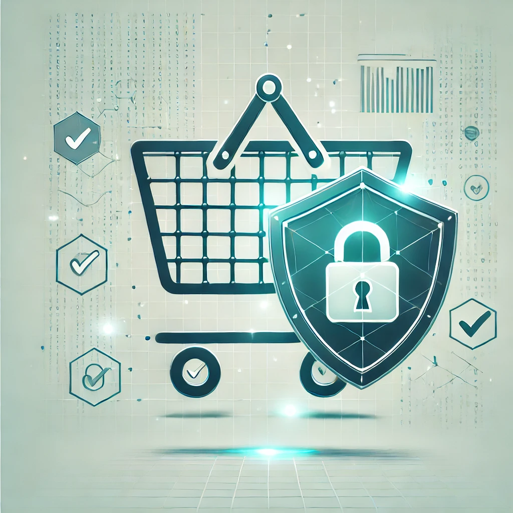 DALLE 2024-12-19 14.13.35 – A minimalistic illustration representing security in e Ilustração minimalista representando segurança em plataformas de e-commerce. A imagem apresenta um ícone de carrinho de compras combinado com um escudo digital e um cadeado luminoso, simbolizando transações online seguras. O fundo limpo em tons de azul e verde transmite confiança, proteção e confiabilidade no ambiente de e-commerce.