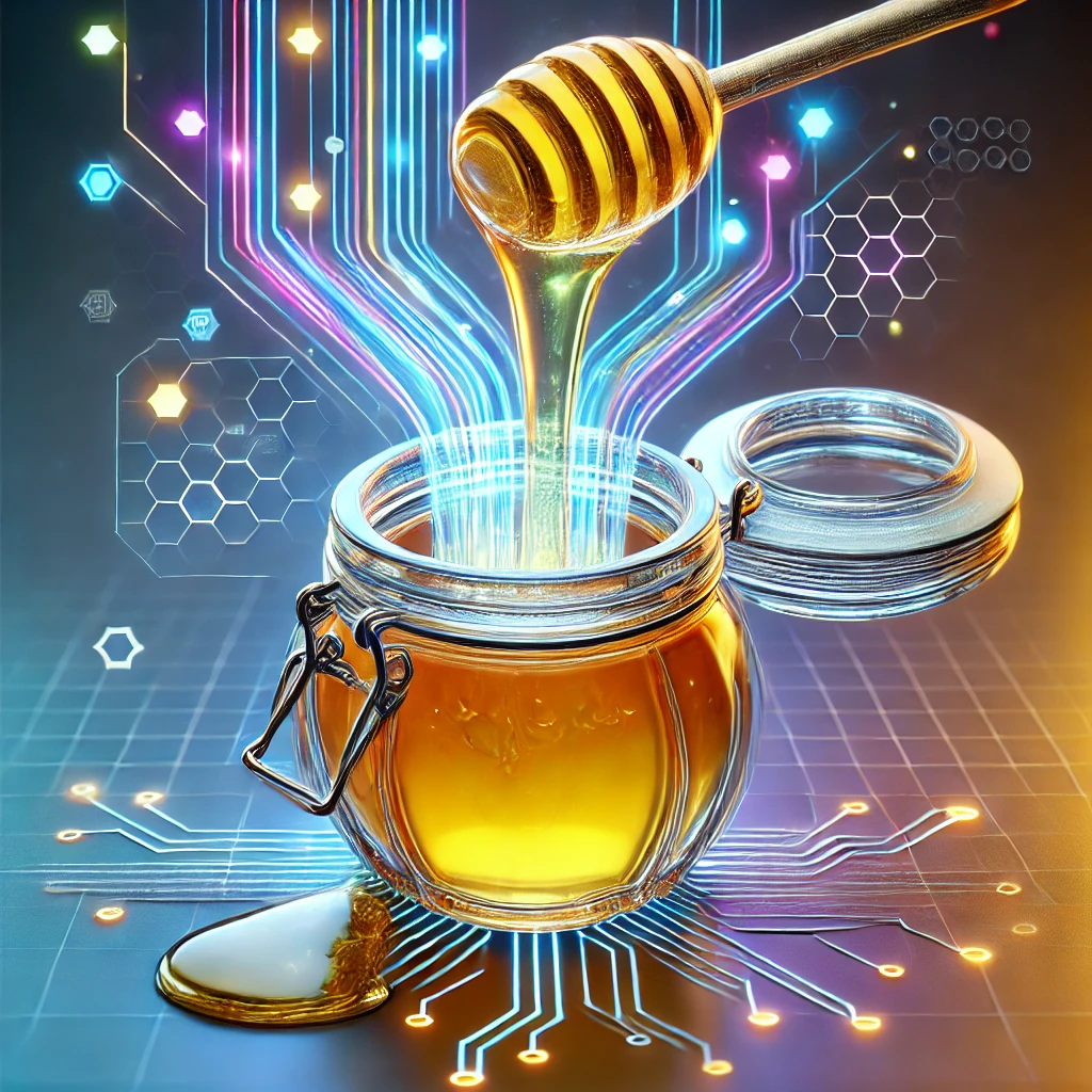 DALLE 2024-12-19 14.56.23 – A hyper-realistic and detailed 3D illustration of a honey jar tipped o Ilustração hiper-realista e detalhada em 3D representando um pote de mel aberto, derramando um líquido que se transforma em fluxos digitais com padrões de binários e circuitos. A cena combina elementos de mel natural com um contexto cibernético futurista, com tons brilhantes de amarelo, azul e roxo, sobre um fundo tecnológico com uma grade de alta tecnologia. A imagem simboliza o conceito de honeypots em cibersegurança.