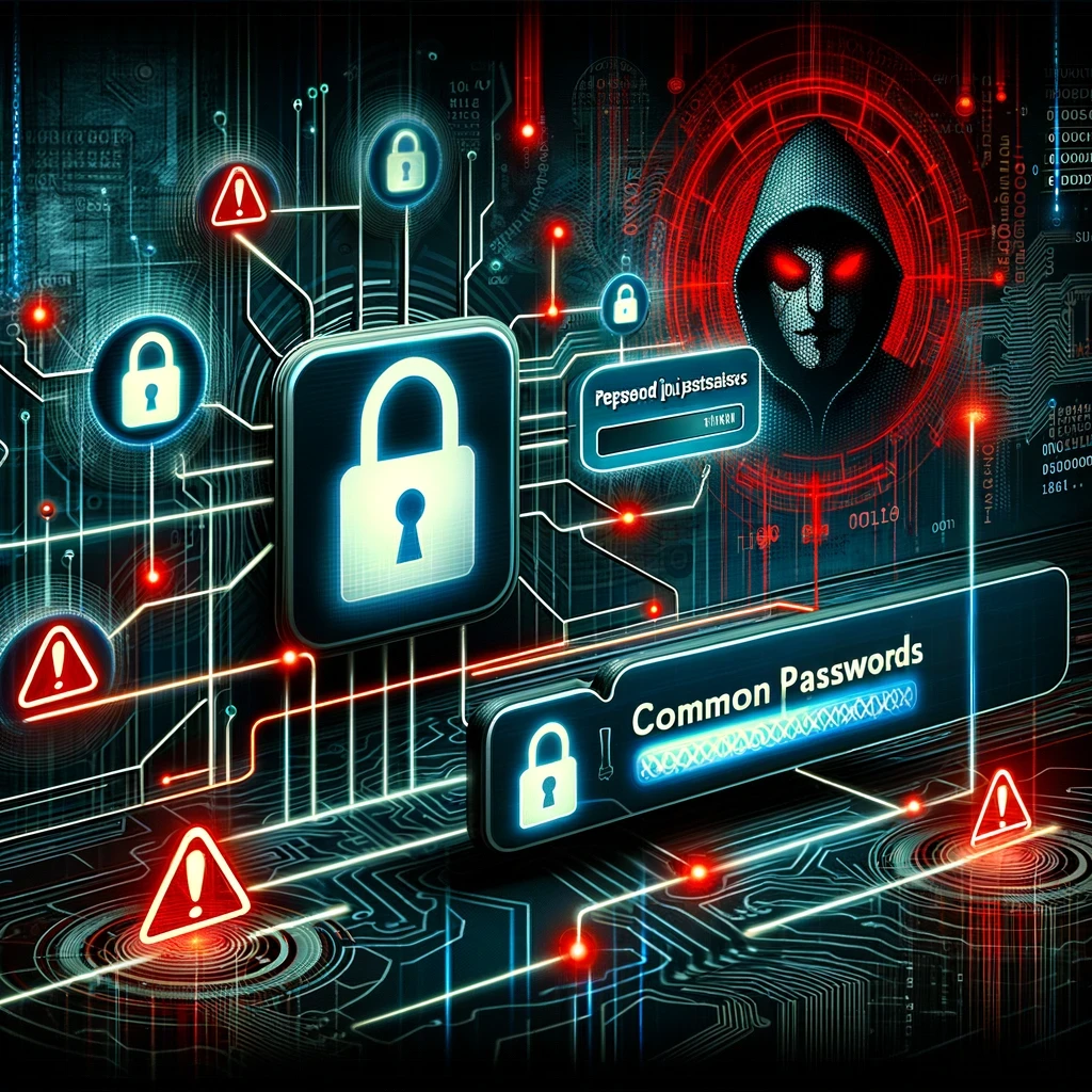 DALLE 2024-12-26 14.26.32 – A detailed and modern illustration representing passwor Ilustração detalhada e moderna representando ataques de password spraying em cibersegurança. A imagem apresenta múltiplas telas de login interconectadas por linhas digitais, simbolizando tentativas repetidas de acesso com senhas comuns. Um ícone de alerta vermelho destaca a ameaça, enquanto o fundo inclui uma grade cibernética escura com padrões de códigos binários e circuitos. Tons de neon vermelho e azul criam uma atmosfera tecnológica e futurista, enfatizando a natureza sistemática e perigosa desse tipo de ataque.