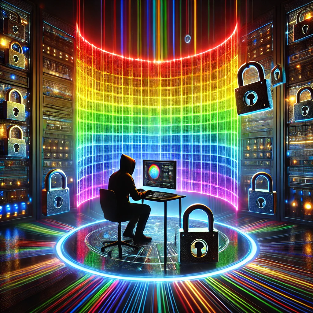DALLE 2024-12-27 14.56.50 – A conceptual digital artwork representing a rainbow table attack in cybersecurit Arte conceitual representando ataques de rainbow table na cibersegurança. A cena mostra uma grade colorida brilhante em tons de arco-íris, simbolizando a tabela, cercada por cadeados e chaves intricadas. Uma silhueta de hacker interage com a grade por meio de uma interface futurista. O ambiente é escuro e cybernético, com linhas luminosas e fluxos de dados enfatizando o tema tecnológico. O fundo retrata um cenário de alta tecnologia, semelhante a uma sala de servidores ou centro de comando cibernético.