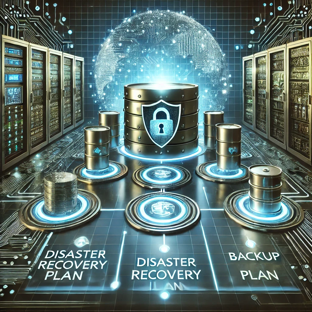 DALLE 2025-01-02 14.44.14 – A conceptual digital artwork representing Disaster Recovery Uma arte conceitual digital representando o Planejamento de Recuperação de Desastres em Segurança Cibernética. A imagem apresenta um centro com pilhas de discos protegidas por um escudo digital azul brilhante, simbolizando segurança e proteção de dados. Em volta, há ícones representando backups e servidores, conectados por linhas que formam um fluxo organizado. O fundo exibe um globo digital luminoso e uma grade cibernética, destacando a infraestrutura tecnológica e resiliência. Os textos 'Disaster Recovery Plan', 'Disaster Recovery' e 'Backup Plan' aparecem integrados ao design, reforçando a organização do plano.