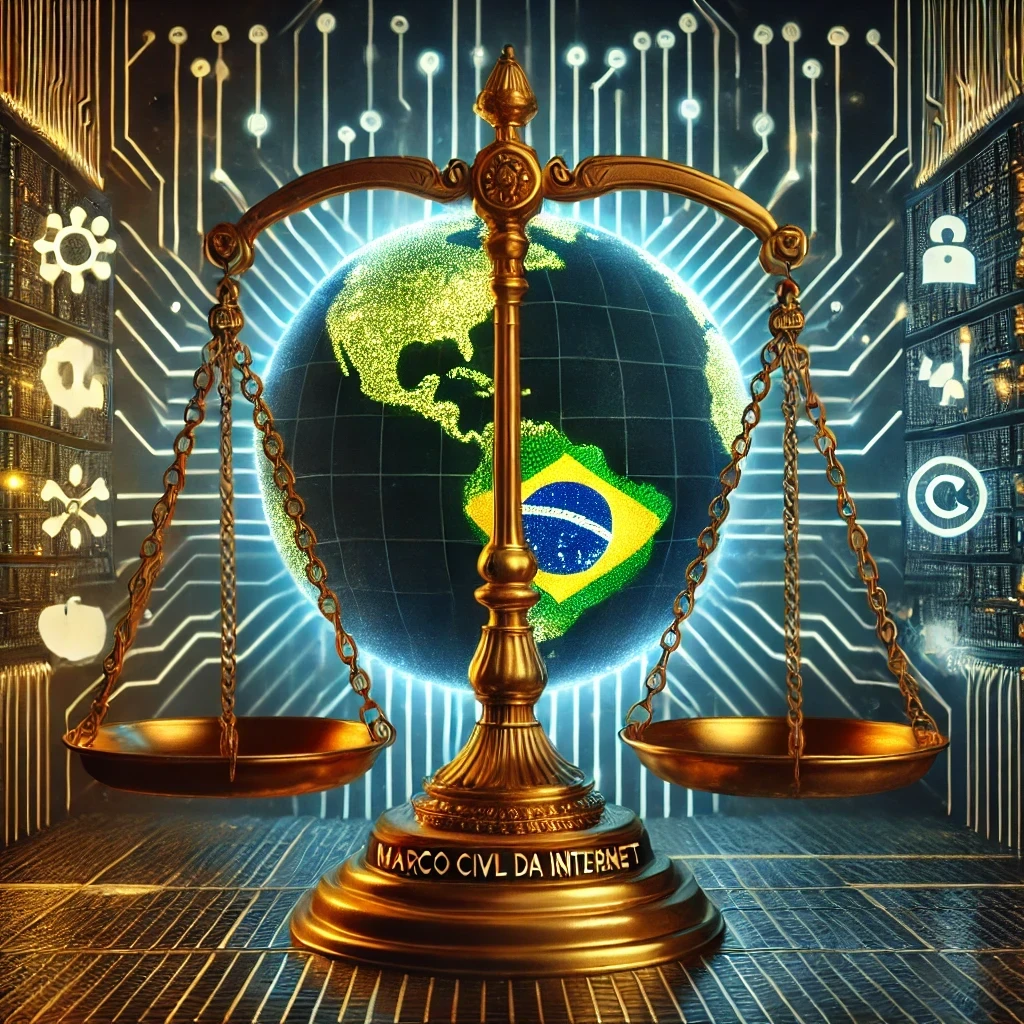 DALLE 2025-01-03 14.33.18 – A conceptual digital artwork representing the Marco Ci Uma arte conceitual digital representando o Marco Civil da Internet. A imagem mostra uma balança dourada, simbolizando equilíbrio entre privacidade e segurança. No centro, um globo digital destacado com o mapa do Brasil em evidência, cercado por um fundo de circuitos luminosos em tons de azul, verde e dourado, remetendo a um ambiente cibernético moderno.