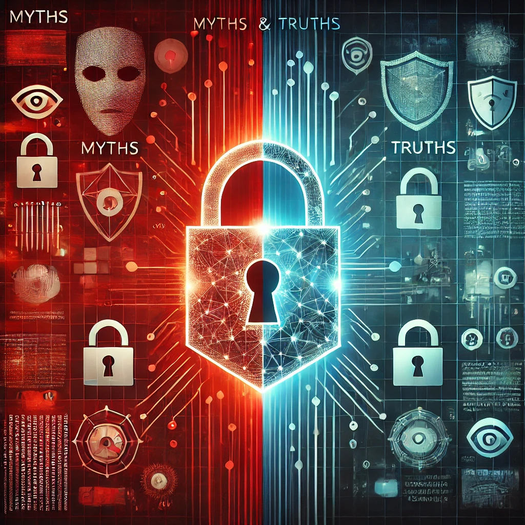 DALLE 2025-01-03 14.49.31 – A conceptual digital artwork illustrating ‘Myths and T Uma arte conceitual digital representando 'Mitos e Verdades no Mundo da Cibersegurança'. A imagem é dividida em duas metades: à esquerda, um cadeado sombrio e distorcido simboliza os mitos e medos associados à cibersegurança, com tons caóticos de vermelho e efeitos de glitch. À direita, um escudo brilhante e claro representa as verdades e a segurança, em tons serenos de azul com linhas de dados estruturadas. O fundo faz a transição entre caos e ordem, reforçando o contraste entre desinformação e fatos no mundo digital.