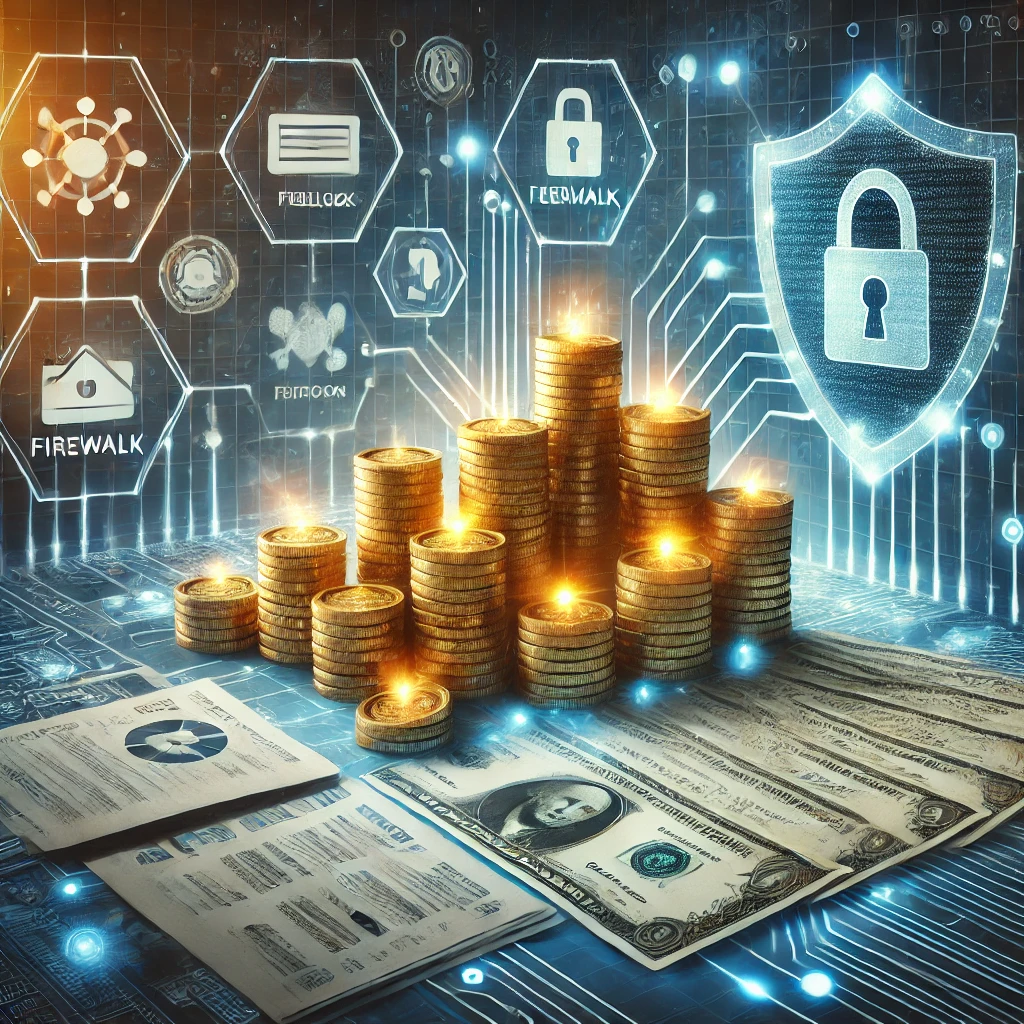 DALLE 2025-01-06 14.05.46 – A conceptual digital artwork representing ‘How to Avoid Financial Losses Thro Uma arte conceitual digital representando 'Como Evitar Perdas Financeiras com Prevenção de Incidentes'. A imagem destaca uma pilha de moedas e documentos financeiros no primeiro plano, simbolizando estabilidade econômica. À esquerda, há um escudo brilhante representando proteção, enquanto à direita estão ícones de cibersegurança, como um cadeado luminoso, firewalls e alertas. O fundo exibe uma rede digital com padrões de circuitos e linhas luminosas em tons de azul e dourado, transmitindo a ideia de segurança e prevenção.