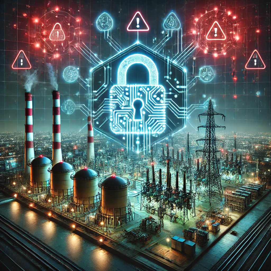 DALLE 2025-01-06 15.02.41 – A conceptual digital artwork representing ‘Cybersecur Uma arte conceitual digital representando 'Cibersegurança em Infraestruturas Críticas: Proteção Contra Sabotagem'. A imagem destaca uma infraestrutura industrial com usinas de energia, sistemas de comunicação e torres de transmissão. No centro, um cadeado brilhante com padrões de circuito simboliza proteção cibernética. Alertas vermelhos e símbolos de ameaça cercam o cenário, reforçando o risco de sabotagem. O fundo exibe uma grade digital com linhas e padrões luminosos em tons de azul e vermelho, enfatizando vigilância e segurança tecnológica.