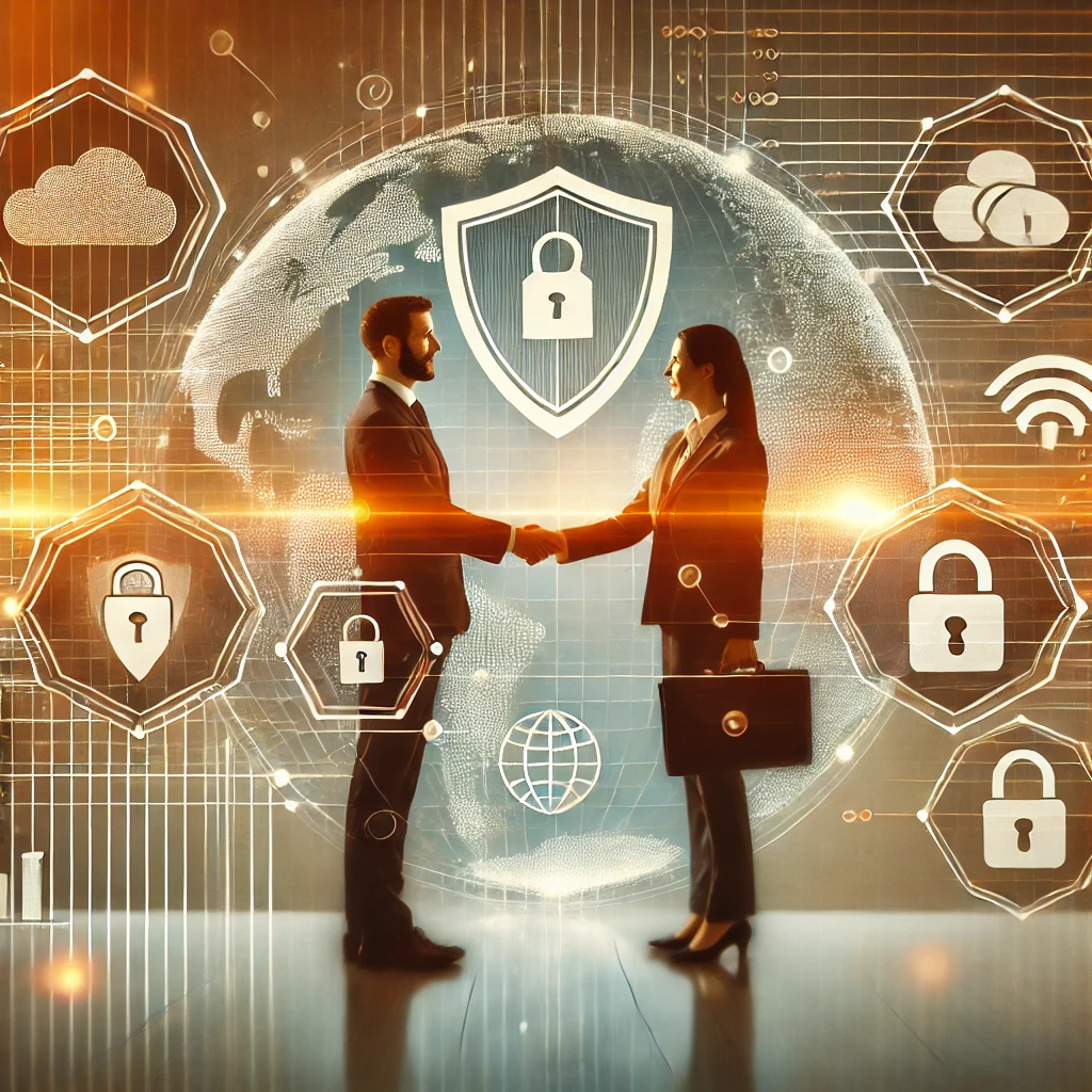 DALLE 2025-01-07 15.34.04 – An illustration representing cybersecurity outsourcing with a hum Ilustração representando a terceirização de cibersegurança com um foco humano. A imagem mostra dois profissionais apertando as mãos em um ambiente de escritório moderno, simbolizando parceria e colaboração. Elementos digitais como escudos, cadeados e ícones de rede são integrados ao fundo, destacando a temática de segurança cibernética. A composição utiliza cores neutras e quentes para transmitir confiança e profissionalismo.