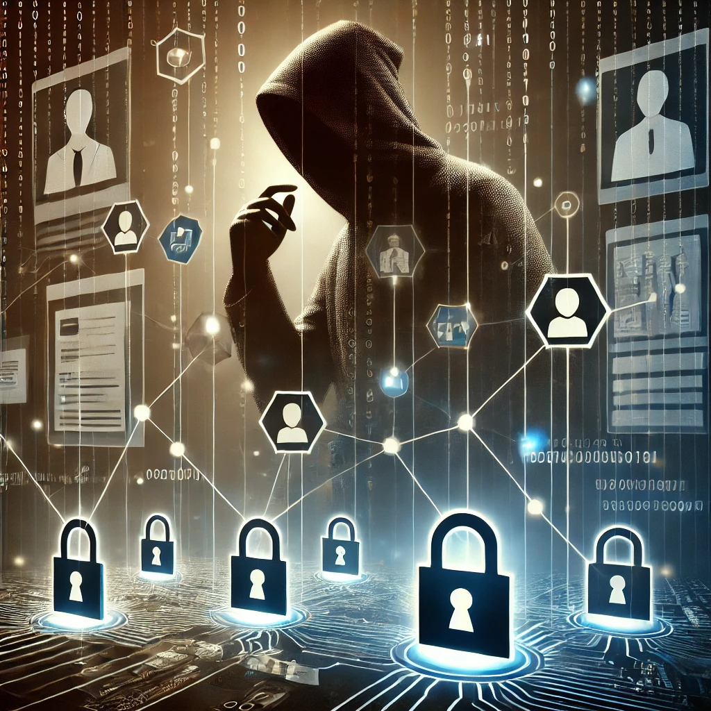 DALLE 2025-01-07 16.40.19 – A conceptual illustration representing data brokers. The image features a shadowy fig Ilustração conceitual representando data brokers. A imagem mostra uma figura sombria manipulando dados representados por códigos binários, documentos e perfis digitais conectados por linhas de rede. Ao fundo, um mercado digital com uma grade brilhante sugere a troca de informações. A paleta de cores inclui tons de azul, cinza e dourado, transmitindo tecnologia, sigilo e comércio.