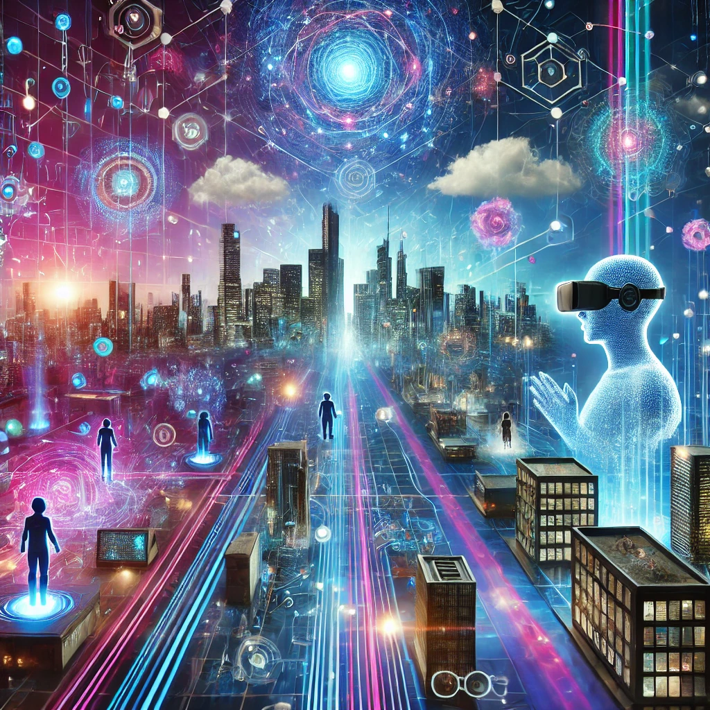 DALLE 2025-01-10 14.30.04 – A vibrant conceptual digital artwork represen Uma arte conceitual vibrante representando o 'Metaverso'. A imagem exibe uma paisagem virtual futurista com hologramas brilhantes, edifícios interconectados e avatares digitais interagindo. Elementos como headsets de realidade virtual, caminhos iluminados por neon e fluxos abstratos de dados destacam a natureza imersiva e conectada do metaverso. O fundo é composto por tons dinâmicos de neon em azul, roxo e rosa, criando um ambiente visualmente impressionante e tecnologicamente avançado.