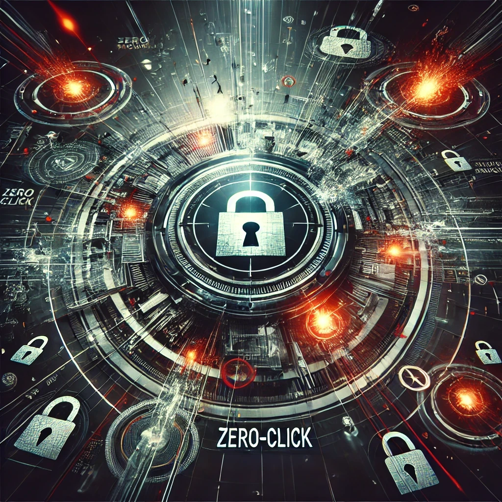 DALLE 2025-01-13 16.26.58 – A dramatic and modern illustration representing zero-click vulnerabil Uma ilustração dramática e moderna representando vulnerabilidades zero-click na cibersegurança. No centro, um cadeado destacado em um design futurista, cercado por círculos concêntricos, linhas de dados e explosões de luzes alaranjadas. O fundo escuro é preenchido com elementos digitais abstratos, simbolizando a complexidade e o perigo invisível desse tipo de ataque.
