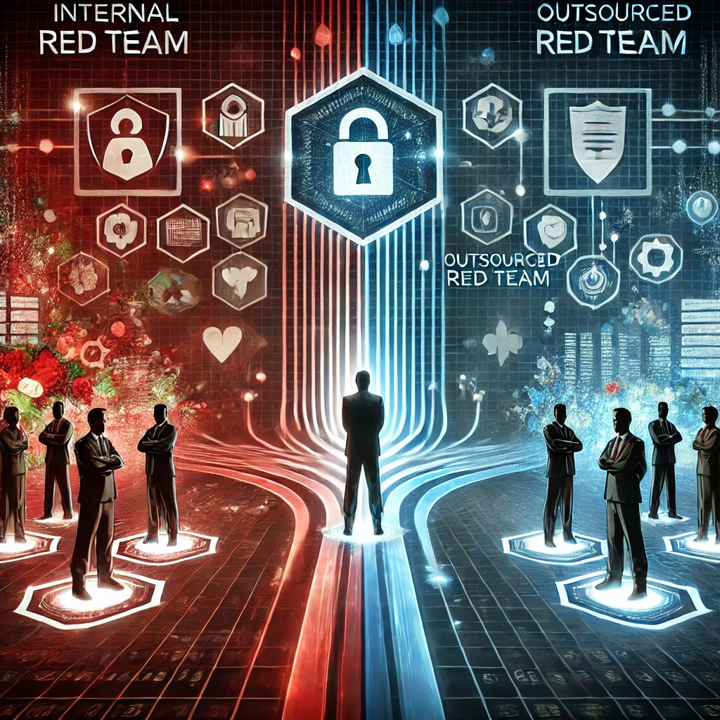 DALLE 2025-01-15 14.32.15 – A conceptual digital artwork representing ‘Internal Red Team vs Outs Uma arte conceitual digital representando 'Red Team Interno x Terceirizado: Qual o Melhor Caminho para sua Empresa?'. A imagem exibe dois caminhos distintos partindo de um ponto central. De um lado, um profissional em um ambiente corporativo representa o Red Team interno, cercado por ícones de segurança como escudos e gráficos de dados. Do outro lado, um grupo de especialistas externos simboliza o Red Team terceirizado, com elementos como documentos contratuais e símbolos de colaboração. O fundo inclui uma grade cibernética com tons luminosos de azul e vermelho, destacando a cibersegurança e a tomada de decisão.