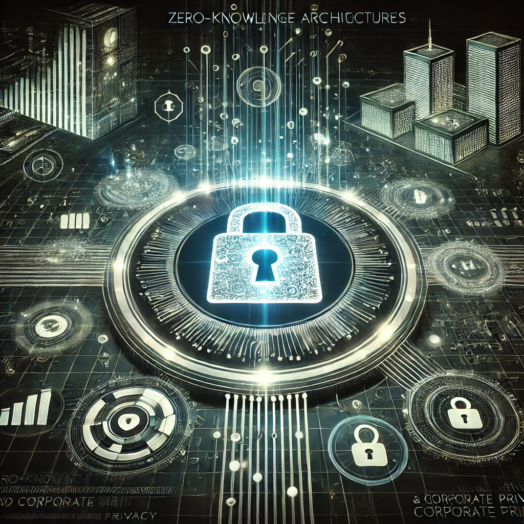 DALLE 2025-01-16 14.30.07 – A conceptual digital artwork representing ‘Zero-Knowledge Architectures Uma arte conceitual digital representando 'Arquiteturas Zero-Knowledge e Privacidade Corporativa'. A imagem apresenta um símbolo de cadeado brilhante no centro, cercado por fluxos abstratos de dados e camadas de chaves de criptografia, simbolizando provas de conhecimento zero. Ao redor do cadeado, silhuetas de prédios corporativos e ícones de dados destacam a privacidade no contexto empresarial. O fundo inclui uma grade cibernética elegante em tons escuros com destaques em azul e verde, representando tecnologia avançada focada em privacidade.