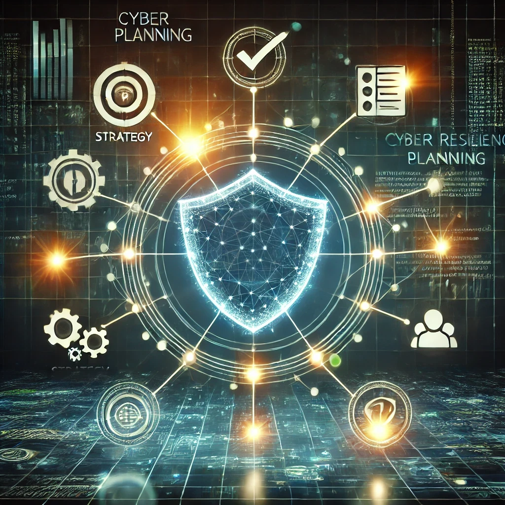 DALLE 2025-01-16 15.03.50 – A conceptual digital artwork representing ‘Cyber Resilience Planning.’ The image f Uma arte conceitual digital representando 'Planejamento de Resiliência Cibernética'. A imagem apresenta um escudo brilhante no centro, conectado a nós e fluxos de dados que simbolizam força e preparação. O fundo é composto por uma grade cibernética escura com tons de azul e verde, destacando segurança e tecnologia avançada.