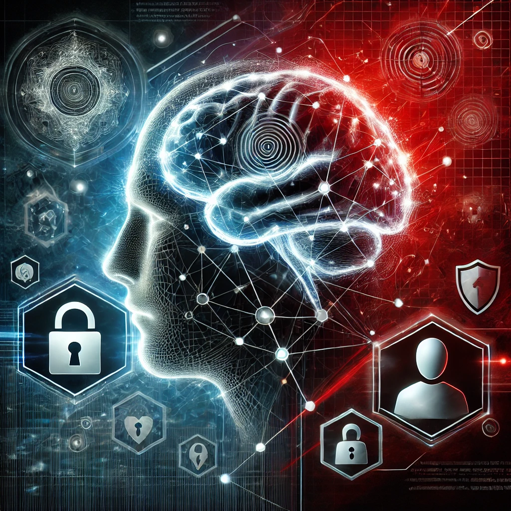 DALLE 2025-01-17 13.56.00 – A conceptual digital artwork representing ‘Psychology in Uma arte conceitual digital representando 'Psicologia no Red Team'. A imagem apresenta um cérebro humano brilhando com nós e linhas interconectadas, simbolizando estratégias e táticas psicológicas. Ao redor do cérebro, elementos abstratos como cadeados e escudos representam cibersegurança e engenharia social. O fundo é escuro, com tons dinâmicos de vermelho e azul, destacando a fusão entre insights psicológicos e operações do Red Team.