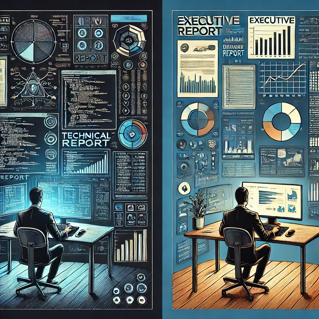 DALLE 2025-01-17 14.47.00 – A professional digital Uma ilustração digital profissional destacando "Relatórios Técnicos vs Executivos: Um Guia para Profissionais de Cibersegurança Sobre como Comunicar Resultados". À esquerda, o relatório técnico detalhado apresenta gráficos complexos, scripts de código, e diagramas, com uma pessoa analisando informações em um computador, em um ambiente tecnológico e focado. À direita, um relatório executivo simplificado com um layout elegante, gráficos minimalistas, métricas financeiras e visualizações resumidas, revisado por uma pessoa em trajes formais em uma mesa moderna e organizada. A imagem transmite a ideia de contraste entre complexidade técnica e clareza executiva, simbolizando a comunicação efetiva de resultados em segurança cibernética e testes de invasão.