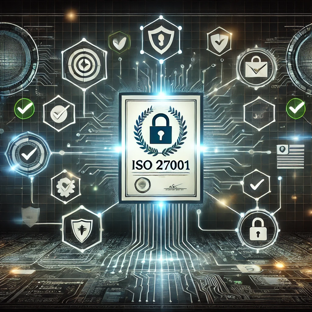 DALLE 2025-01-21 14.50.14 – A conceptual digital artwork representing ‘The Importance of ISO 2700 Uma arte conceitual digital representando 'A Importância da ISO 27001 para a Gestão da Segurança da Informação'. A imagem apresenta um certificado brilhante com o texto 'ISO 27001' em destaque, cercado por ícones interconectados como escudos, cadeados e marcas de verificação, simbolizando segurança e conformidade. Fluxos de dados convergem para o certificado, representando a gestão estruturada da informação. O fundo inclui uma grade cibernética em tons escuros com destaques em azul e verde, destacando profissionalismo e segurança.
