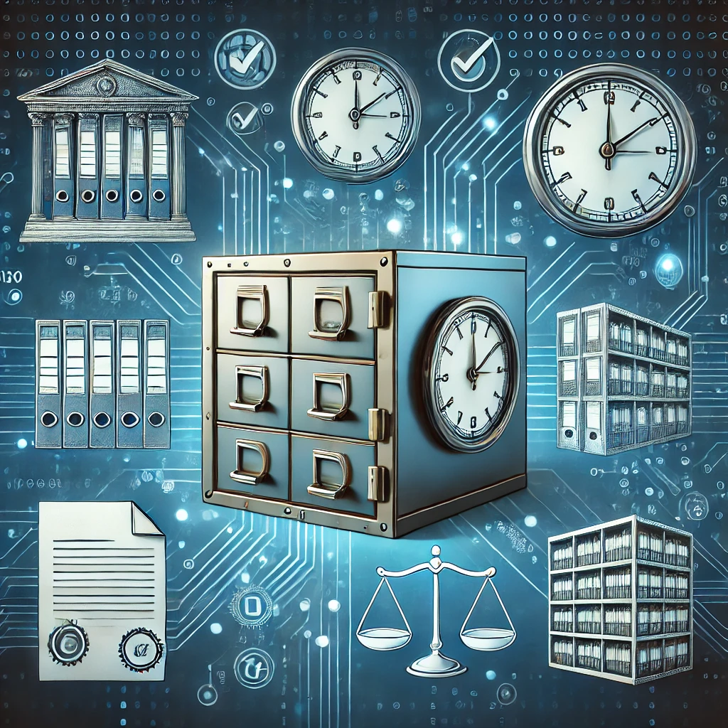 DALLE 2025-01-23 15.01.20 – A modern and professional illustration representing data retention policies in compliance with regul Uma ilustração moderna representando políticas de retenção de dados em conformidade com regulamentações. A imagem apresenta um arquivo organizado sobreposto por ícones de segurança, incluindo documentos digitais e símbolos de conformidade, como um selo e uma balança, simbolizando equilíbrio e aderência às leis. O fundo é composto por linhas conectadas que representam fluxos de dados digitais.