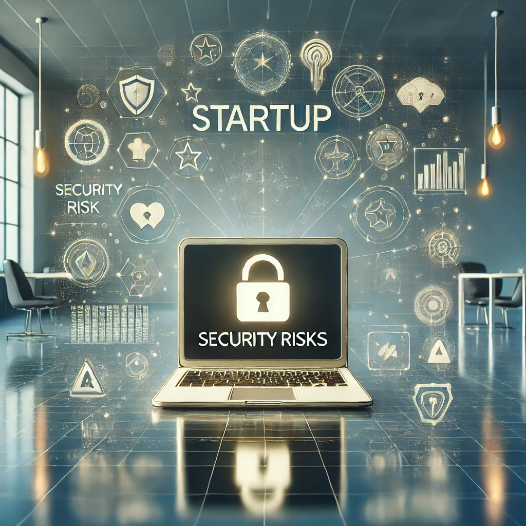 DALLE 2025-01-28 15.27.38 – A modern and minimalist conceptual digital artwork representing ‘Security Risks in Tech Star Uma ilustração conceitual minimalista representando 'Riscos de Segurança em Startups de Tecnologia'. A imagem mostra um ambiente de startup futurista, com um laptop moderno no centro exibindo um ícone de cadeado e a mensagem 'Security Risks'. Ao redor, elementos visuais como gráficos, lâmpadas e símbolos de conectividade representam inovação, enquanto ícones sutis de alerta indicam vulnerabilidades cibernéticas. A palavra 'STARTUP' aparece em destaque, reforçando a temática do post.