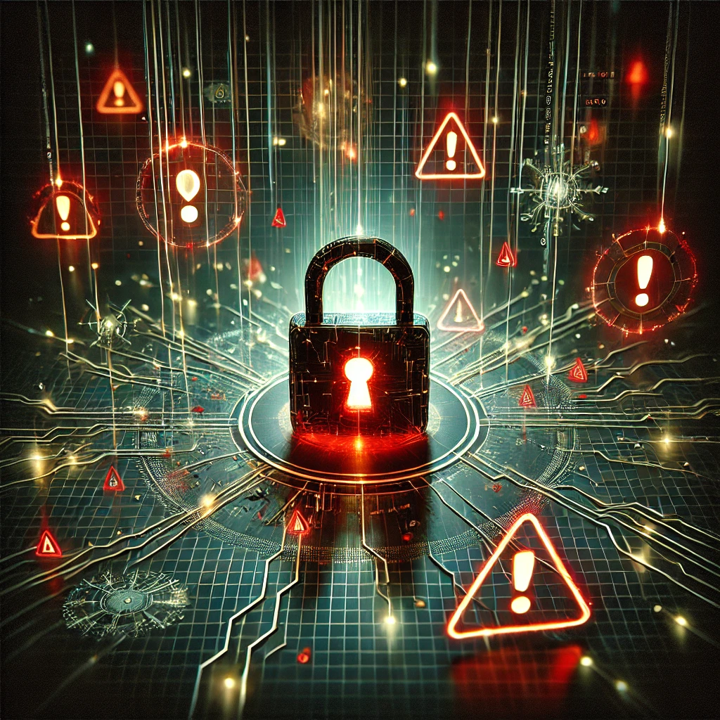 DALLE 2025-01-28 16.21.55 – A conceptual digital artwork representing ‘Risks of Unsecured Connections.’ The image features a glowing, broken padlock Uma arte conceitual digital representando 'Riscos de Conexões Não Seguras'. A imagem apresenta um cadeado quebrado brilhando no centro, cercado por cabos de rede fragmentados e símbolos de alerta vermelhos, como pontos de exclamação e ícones de phishing. O fundo é uma grade cibernética escura com tons sutis de verde e vermelho, destacando o perigo de fluxos de dados desprotegidos. O design moderno enfatiza a vulnerabilidade de conexões inseguras.