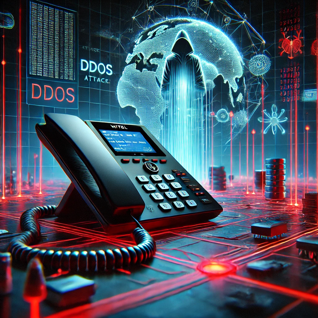 DALLE 2025-01-29 16.40.57 – A dark and high-tech digital illustration of a Mitel IP phone connected to a netwo Ilustração digital sombria e tecnológica de um telefone IP da Mitel conectado à rede, com linhas vermelhas brilhantes simbolizando tráfego malicioso e ataques cibernéticos. No fundo, uma nuvem de dados representa um grande ataque DDoS, com figuras de hackers e servidores comprometidos. A cena segue um estilo cyberpunk, com iluminação neon azul e vermelha, transmitindo a sensação de vulnerabilidades e riscos em telecomunicações e representando o "Aquabot: Nova Variante do Botnet Mirai Explora Falhas em Telefones SIP da Mitel".