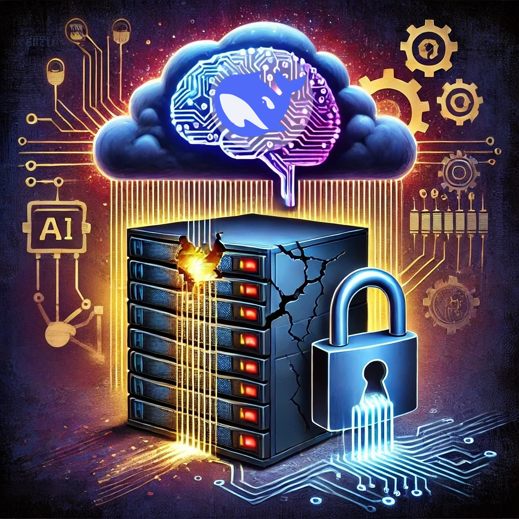 DALLE 2025-01-30 15.25.58 – A conceptual illustration depicting a vulnerable server with visible cracks Ilustração conceitual representando o vazamento de dados da DeepSeek. A imagem mostra um servidor vulnerável, com rachaduras visíveis e um cadeado quebrado, simbolizando falhas de segurança. Dados, representados por fluxos de código binário, escapam do servidor para a nuvem, ilustrando a exposição de informações sensíveis. No topo, um cérebro digital com circuitos integra o logotipo da DeepSeek, destacando a conexão com inteligência artificial e o risco de segurança em infraestruturas de IA. O fundo exibe elementos tecnológicos, como engrenagens e conexões eletrônicas, reforçando o contexto de cibersegurança e ataques digitais.