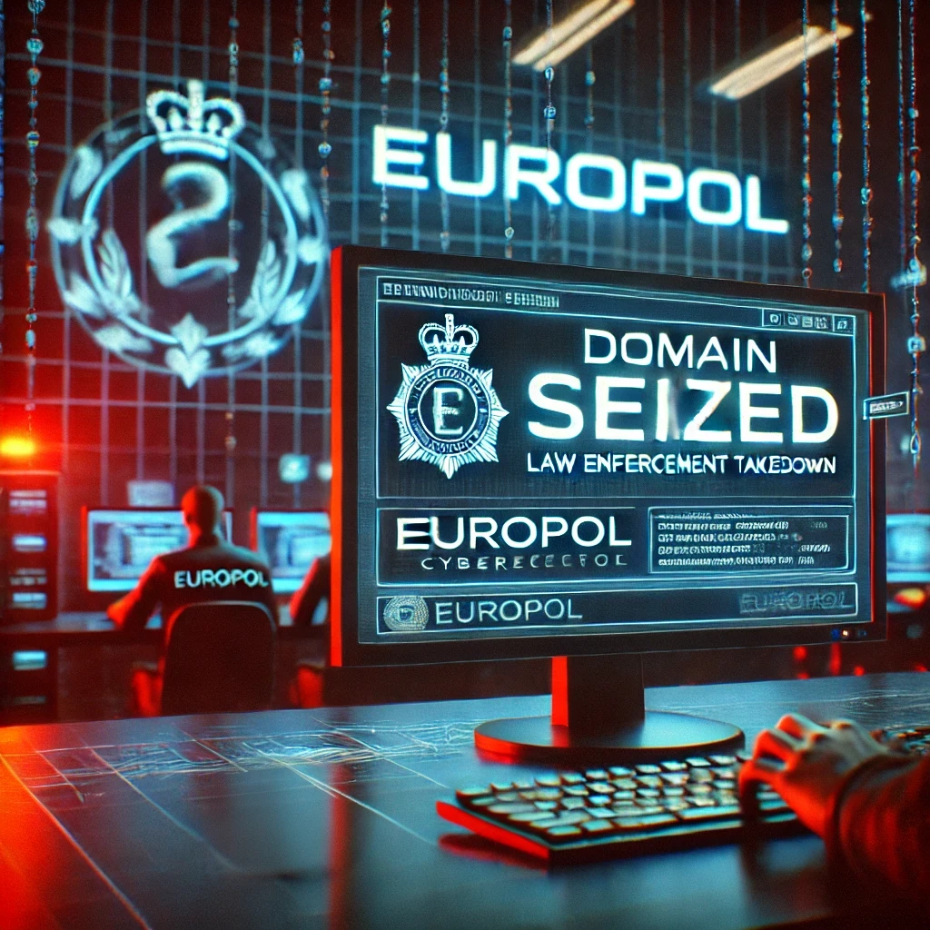 DALLE 2025-01-30 17.30.16 – A digital illustration depicting a computer screen displaying a ‘Domain Seized’ Ilustração digital representando a apreensão de domínios de fóruns de cibercrime por autoridades internacionais. No centro da imagem, uma tela de computador exibe um aviso de "Domínio Apreendido" com o logotipo da Europol, simbolizando a operação de repressão a crimes digitais. Ao fundo, agentes da lei monitoram dados em um ambiente de alta tecnologia, reforçando o clima de vigilância cibernética. A iluminação em tons de azul e vermelho transmite a urgência e a seriedade da ação contra redes criminosas online.