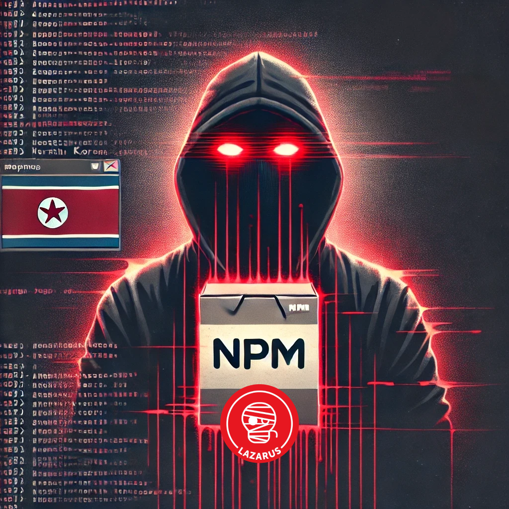 DALLE 2025-01-30 19.02.32 – A minimalist yet intense digital illustration of a cybersecurity threat Ilustração digital representando a ameaça cibernética do grupo Lazarus contra desenvolvedores. No centro, um hacker encapuzado com olhos brilhantes segura um pacote NPM, simbolizando a distribuição de malware disfarçado. O fundo exibe códigos fragmentados e efeitos digitais em vermelho, remetendo à manipulação e falsificação de pacotes maliciosos. No canto, uma janela de software com a bandeira da Coreia do Norte sugere a origem da ameaça. O logotipo do Lazarus na parte inferior reforça a identidade do grupo hacker.