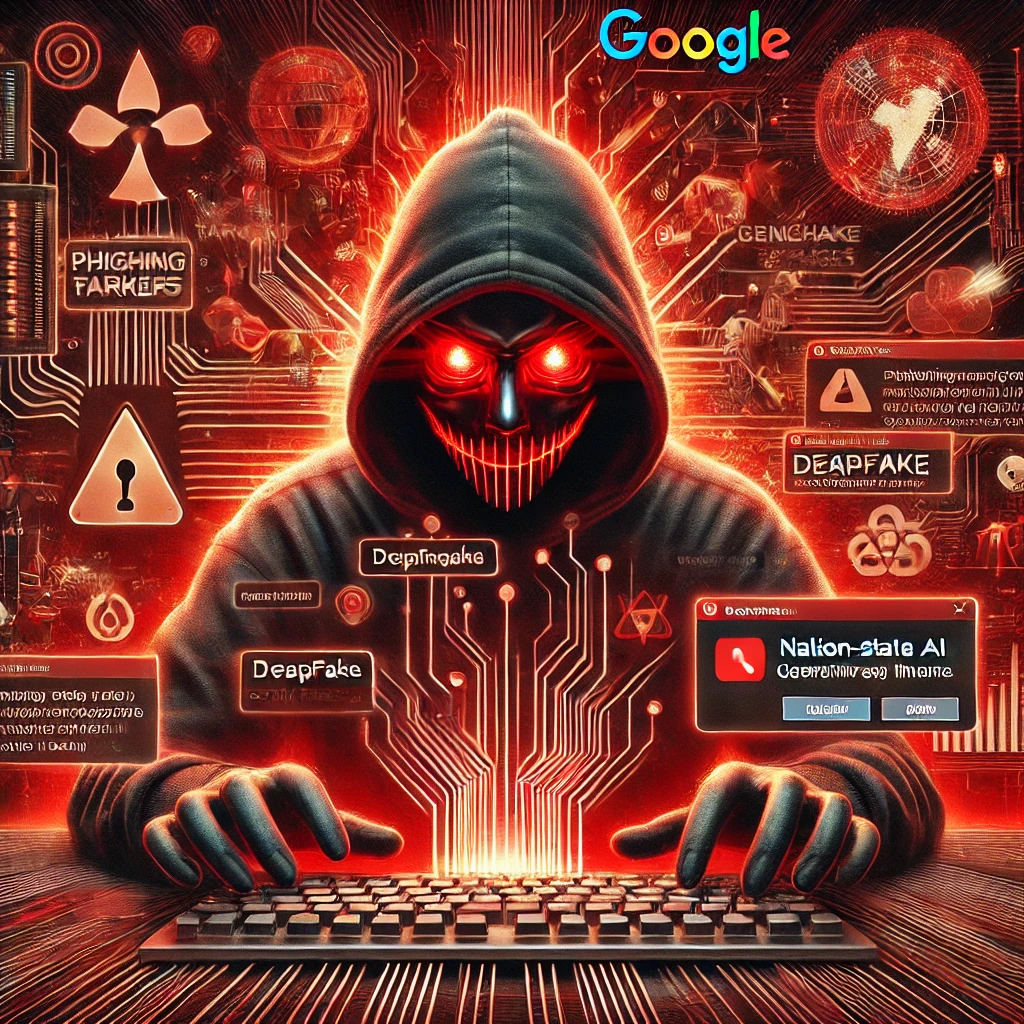 DALLE 2025-01-31 17.50.06 – A digital illustration representing Google’s warning about nation-state threat actors using generative A Ilustração digital representando o alerta do Google sobre o uso de IA generativa por atores de ameaça nacionais. No centro, um hacker encapuzado com olhos brilhantes e um sorriso sinistro digita em um teclado, simbolizando a manipulação de tecnologia para fins maliciosos. O fundo exibe circuitos digitais e avisos de ameaças como phishing, deepfake e inteligência artificial maliciosa, destacando os riscos da IA usada para desinformação e ataques cibernéticos. O logotipo do Google no topo reforça a origem do alerta e a preocupação com a segurança digital global.