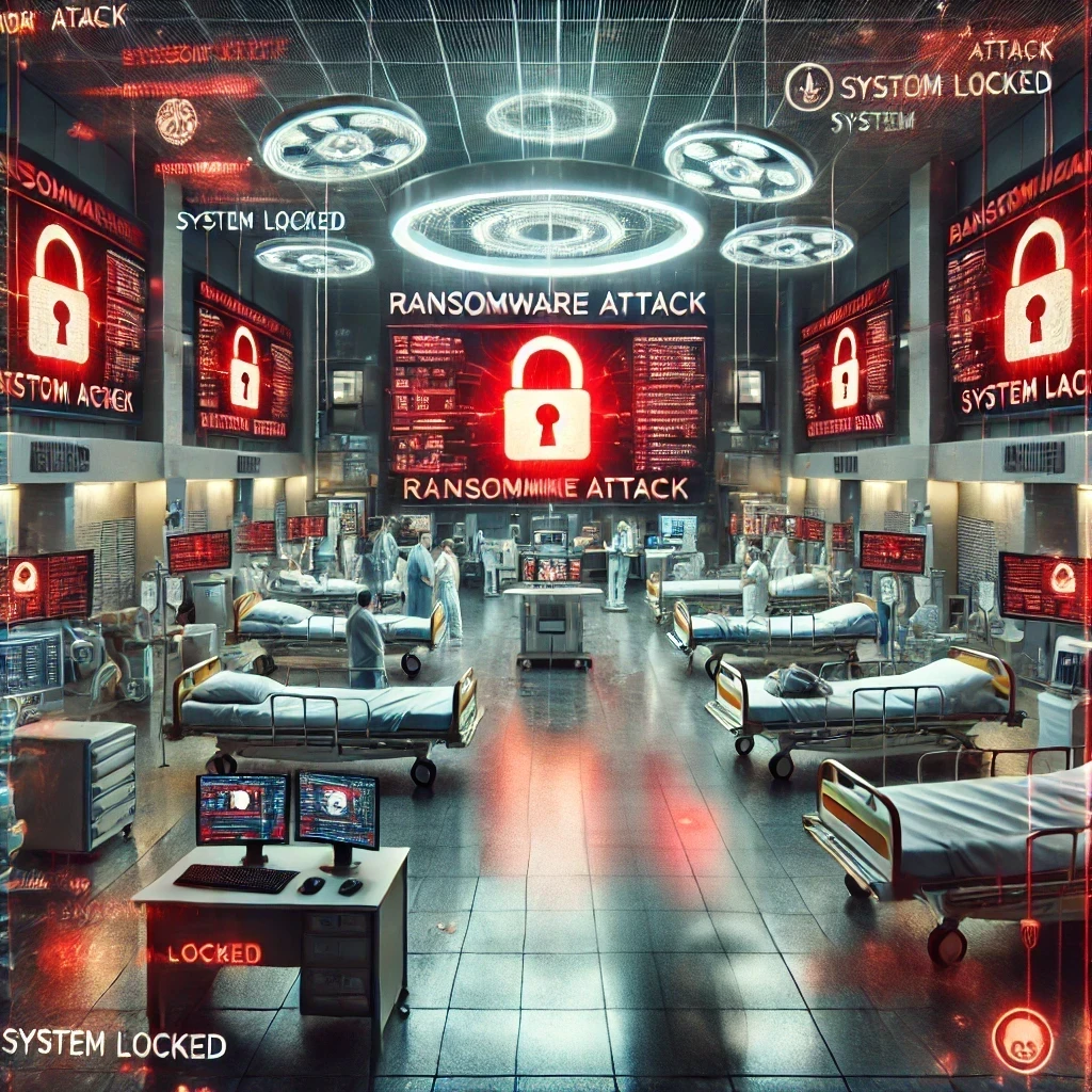 DALLE 2025-01-31 19.18.32 – A highly realistic digital illustration of a modern hospital under a severe ransomware attac Ilustração digital realista representando uma onda de ransomware no setor de saúde. A imagem retrata um hospital moderno tomado por alertas vermelhos de "Ransomware Attack" e "System Locked" em monitores e telas suspensas, enquanto médicos e funcionários tentam lidar com a crise. O cenário transmite a gravidade dos ataques cibernéticos contra instituições de saúde e a necessidade de medidas de proteção contra ransomware.
