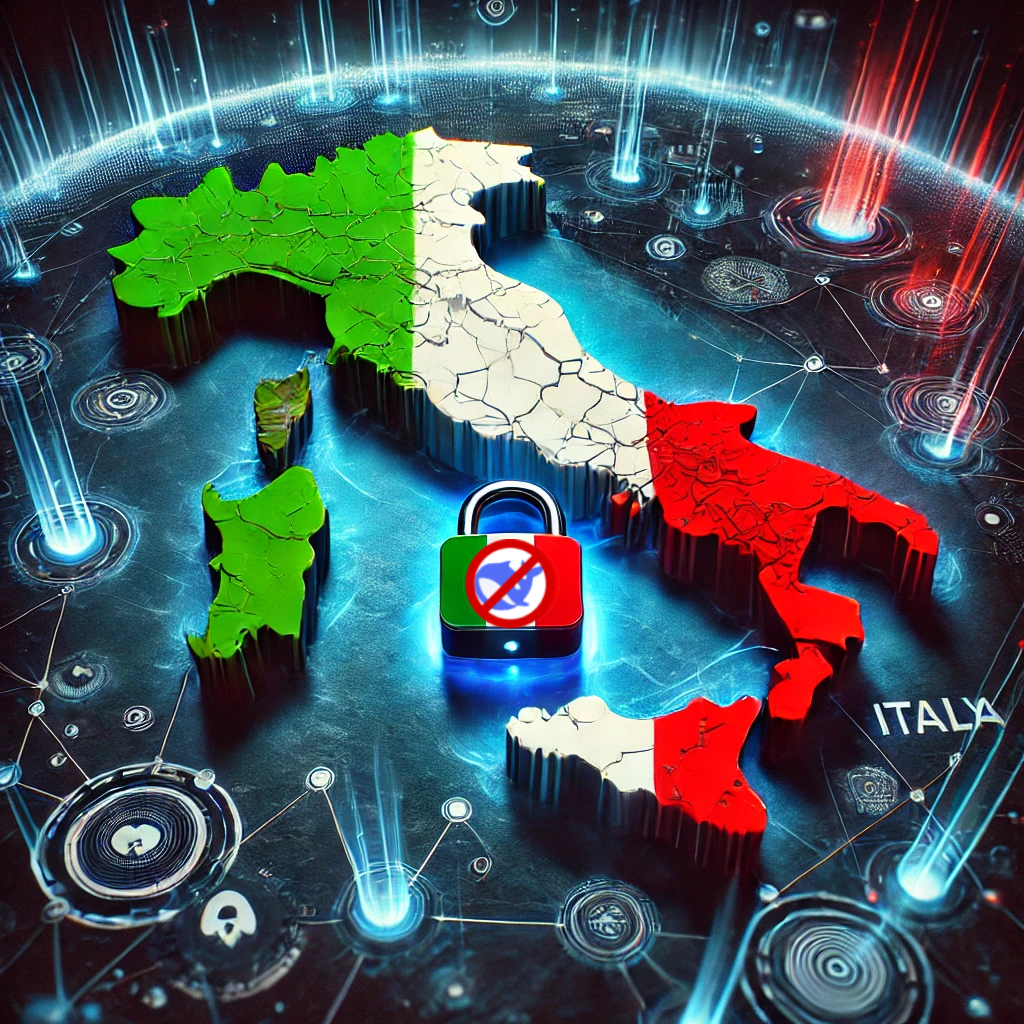 DALLE2~1 Ilustração digital representando a decisão da Itália de bloquear a IA chinesa DeepSeek. A imagem exibe um mapa da Itália com rachaduras, simbolizando desafios na regulação da tecnologia. No centro, um cadeado com o logotipo da DeepSeek riscado reflete a restrição imposta pelo país. O fundo tecnológico, com conexões digitais e fluxos de dados, destaca o impacto da decisão no cenário da inteligência artificial e da segurança cibernética.