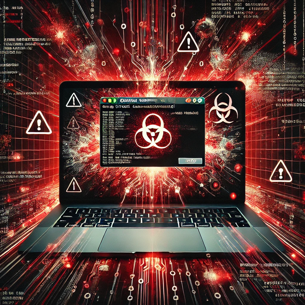 DALLE 2025-02-05 15.30.40 – A high-intensity digital illustration representing a critical vulnerabilit Ilustração digital representando uma vulnerabilidade crítica no kernel do macOS e o fenômeno Sysbumps. No centro, um MacBook exibe código de exploit interagindo diretamente com o sistema, enquanto alertas vermelhos e rachaduras digitais simbolizam uma grave falha de segurança. O fundo escuro contém fluxos de código binário, efeitos de glitch e padrões de dados criptografados, transmitindo a sensação de urgência e perigo cibernético. A composição destaca o risco elevado e a necessidade de correções imediatas para mitigar essa ameaça.