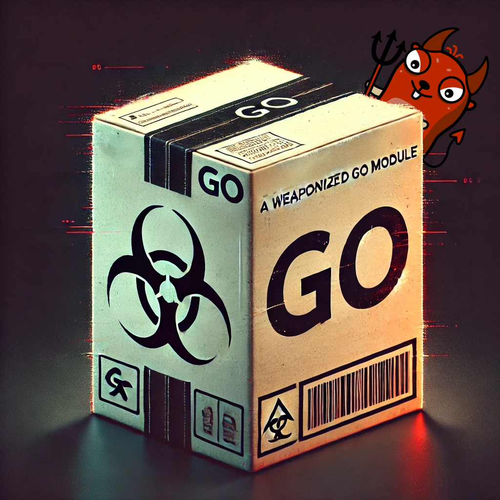 DALLE 2025-02-05 16.53.23 – A minimalistic digital illustration representing the insecurity of a weaponized Go module. The image fe Ilustração digital representando a ameaça de um pacote malicioso escrito em Go. No centro, uma caixa marcada com o logotipo da linguagem Go e um símbolo de biohazard, transmitindo a ideia de um módulo potencialmente perigoso. O texto "A Weaponized Go Module" reforça a ameaça, enquanto um pequeno mascote com chifres e um tridente aparece de forma sutil, simbolizando intenções maliciosas. O fundo escuro e os efeitos digitais sutis criam um clima de alerta e insegurança, destacando os riscos de acesso remoto indevido por meio do pacote comprometido.