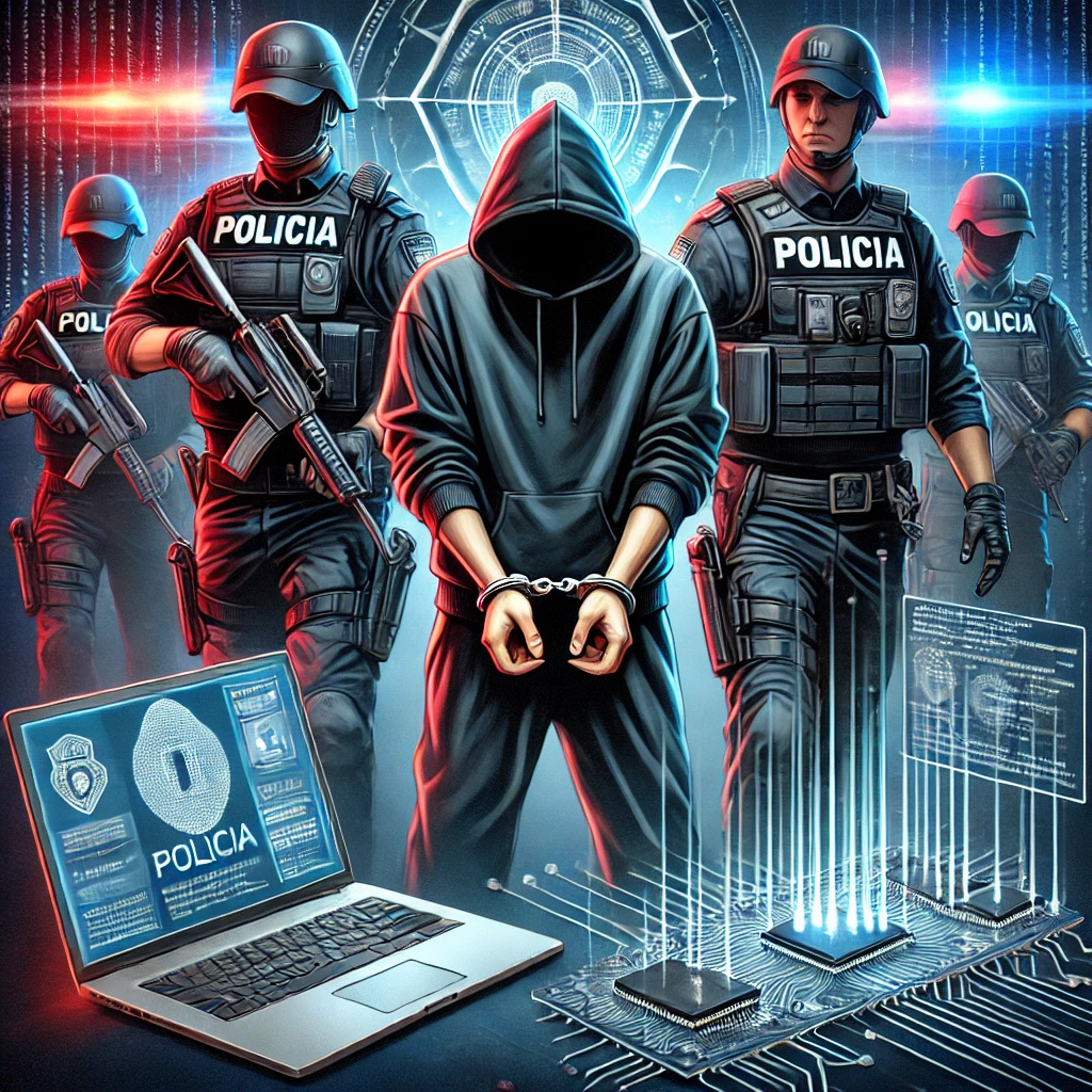 DALLE 2025-02-06 15.44.13 – A professional digital illustration depicting the arrest of a hacker. The scen Ilustração digital profissional representando a detenção de um hacker. No centro, um indivíduo encapuzado está algemado, sendo detido por agentes da lei com "POLICIA" claramente visível em seus uniformes. Um laptop próximo exibe dados forenses e alertas de violação de segurança. O fundo apresenta luzes vermelhas e azuis da polícia, elementos de cibersegurança e fluxos de dados digitais, reforçando a atmosfera de investigação cibernética e combate ao crime digital.