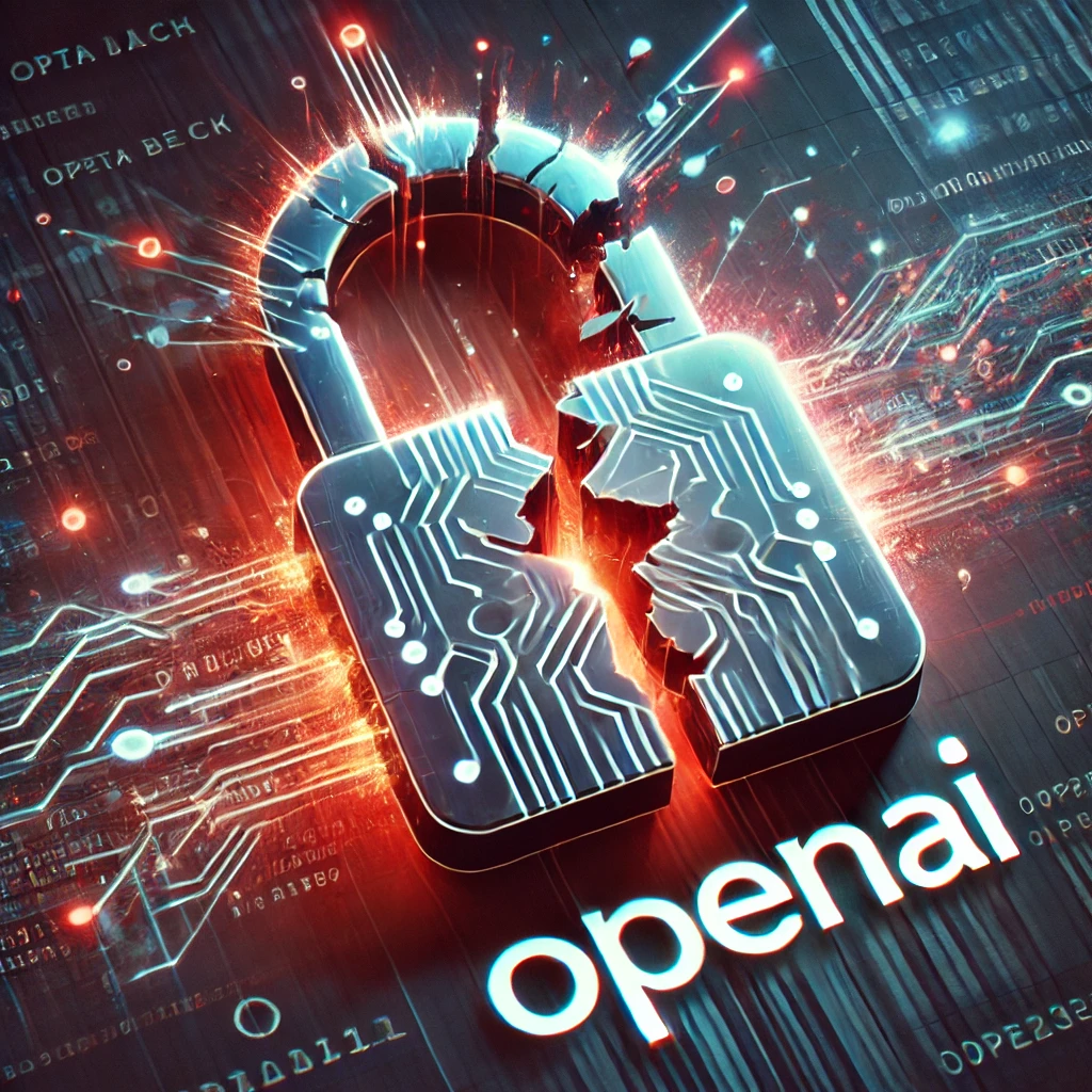 DALLE 2025-02-06 18.55.54 – A digital illustration of a broken digital padlock overlaid on the OpenAI logo, sy Ilustração digital representando um possível vazamento de dados na OpenAI. No centro, um cadeado digital quebrado simboliza a falha de segurança, com fragmentos brilhantes espalhados para enfatizar a exposição de informações. O logotipo da OpenAI aparece ao fundo, parcialmente visível, reforçando a conexão com a empresa. O fundo inclui elementos abstratos de cibersegurança e glitchs digitais, transmitindo a sensação de violação de dados e a urgência da proteção de contas.