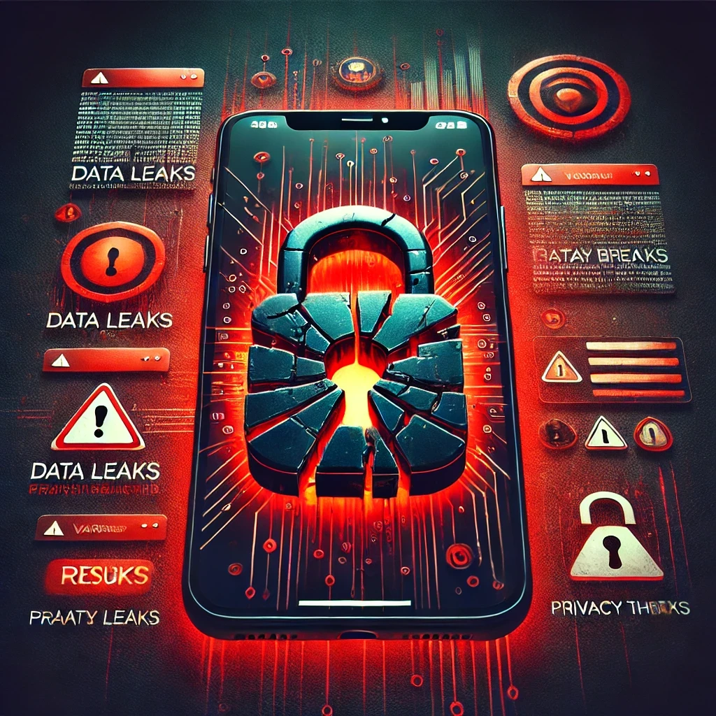 DALLE 2025-02-07 14.39.12 – A digital illustration representing severe security vulnerabilities in the De Ilustração digital representando vulnerabilidades graves no aplicativo DeepSeek iOS. No centro, um smartphone exibe o ícone do DeepSeek com um cadeado completamente quebrado, simbolizando falhas de segurança e exposição de dados. O fundo contém elementos visuais de vazamento de informações, alertas vermelhos e ameaças cibernéticas, reforçando os riscos à privacidade. O uso de tons escuros com detalhes em vermelho e laranja transmite a sensação de alerta e perigo.