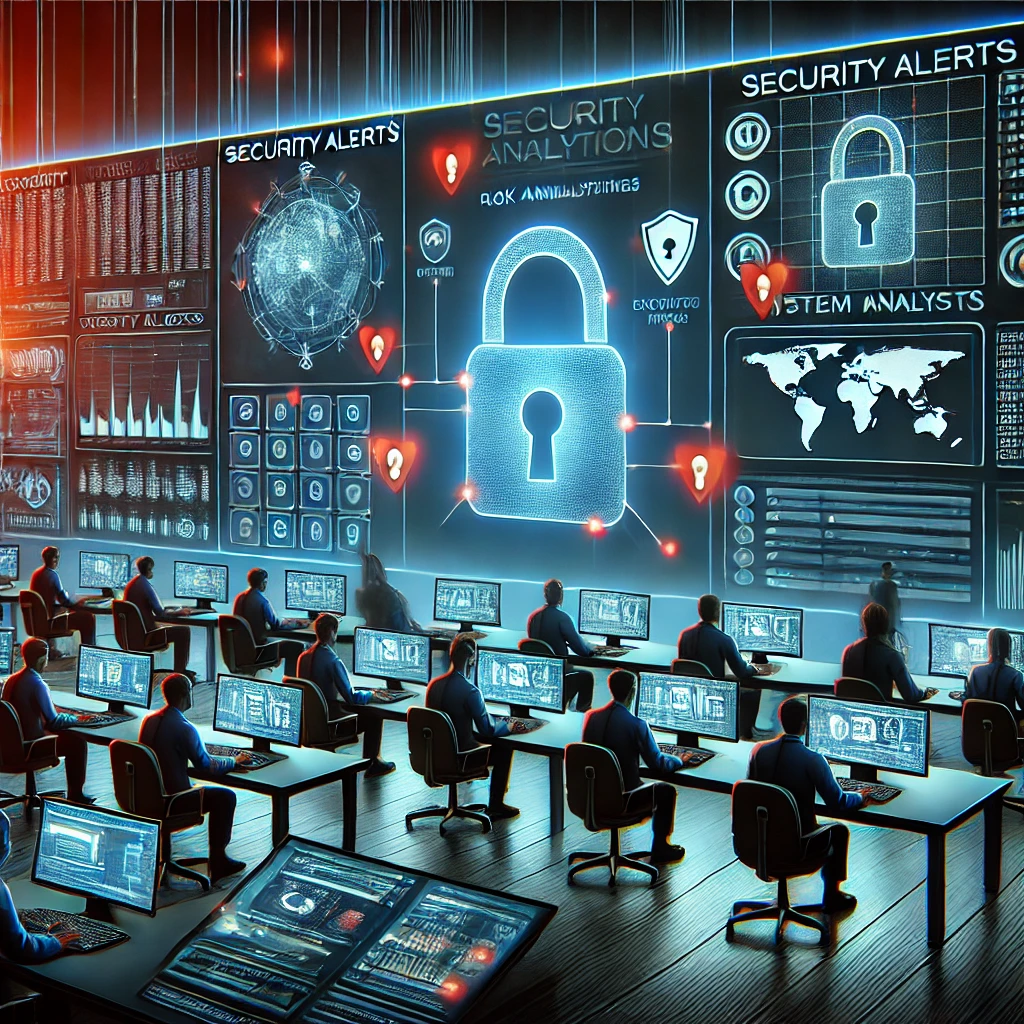 DALLE 2025-02-11 13.11.41 – A digital illustration depicting cybersecurity analysts monitoring a large digital panel fil Ilustração digital representando analistas de cibersegurança monitorando um painel digital repleto de alertas, cadeados e gráficos, simbolizando o gerenciamento de riscos em cibersegurança. A cena acontece em um centro de operações de segurança (SOC), onde os profissionais analisam dados criptografados, vulnerabilidades e indicadores de ameaças exibidos nos monitores. A paleta de cores escuras, com destaques em vermelho e laranja, transmite uma sensação de urgência e atenção à segurança digital.