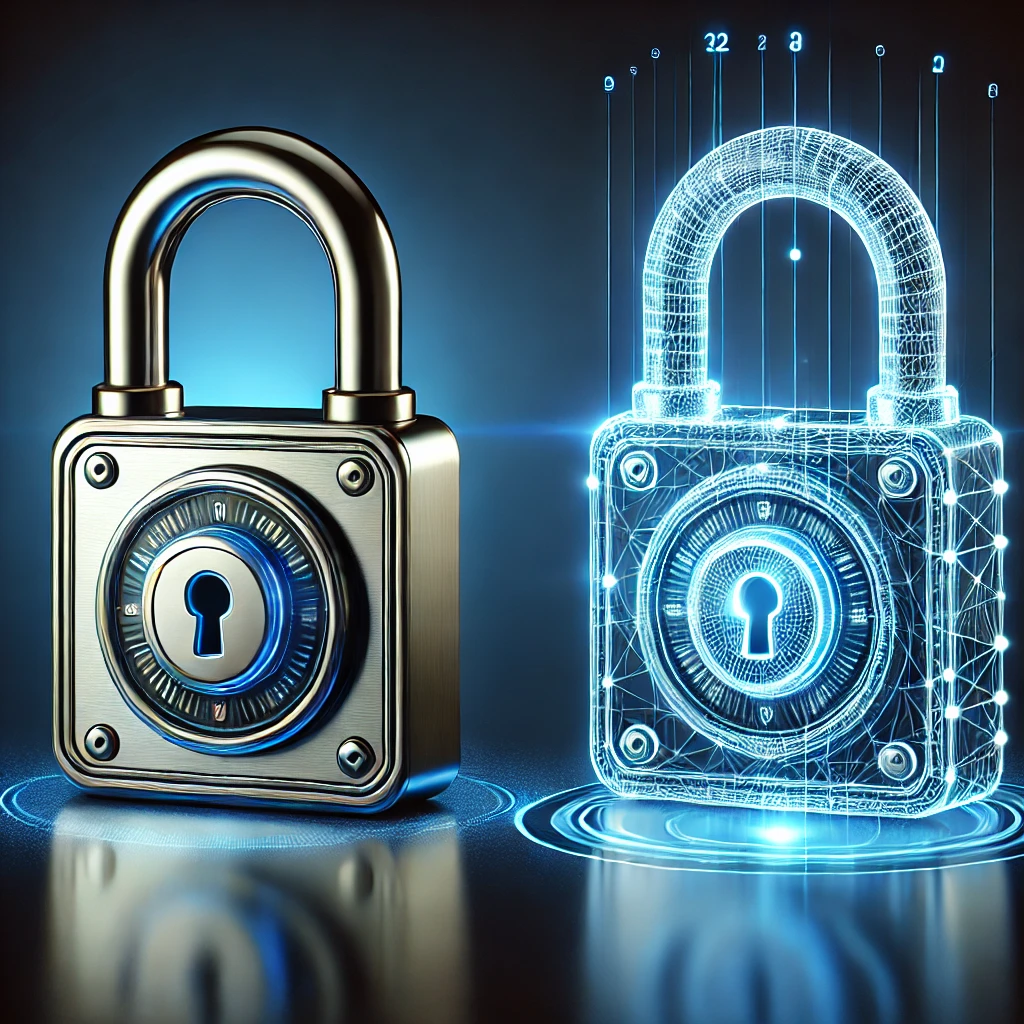 DALLE 2025-02-11 16.39.03 – A concept image of a padlock and its digital twin. On the left, a realistic metallic padlock with Imagem conceitual de um cadeado físico metálico ao lado de sua versão digital, representada por um holograma azul em wireframe. O fundo azul profundo cria um ambiente tecnológico, destacando a transformação do objeto físico em seu gêmeo digital. A imagem ilustra o conceito de segurança aprimorada por meio da tecnologia de gêmeos digitais.