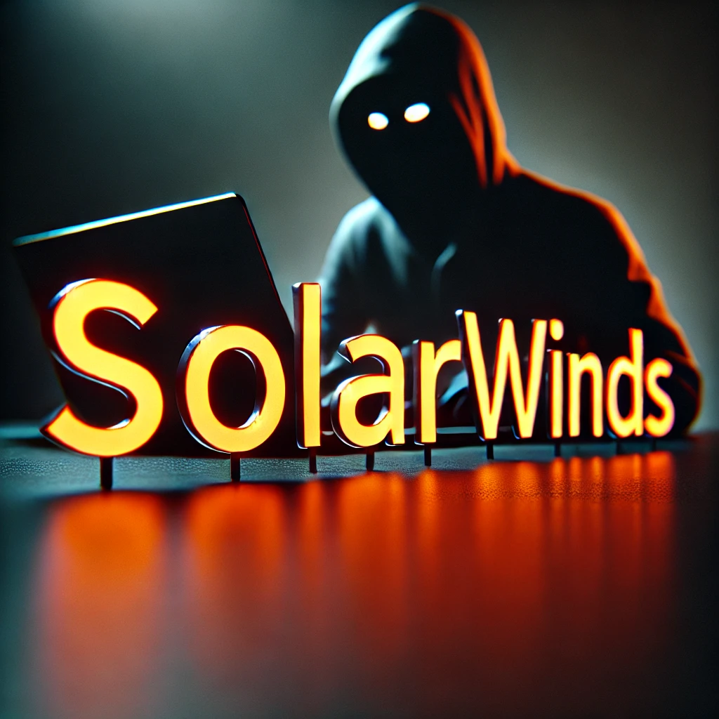 DALLE 2025-02-12 14.33.14 – A minimalist image featuring the word ‘SolarWinds’ in bold orange in the foreground. In the backgr Imagem minimalista com a palavra “SolarWinds” em destaque na cor laranja, simbolizando a marca impactada pelo ataque cibernético. Ao fundo, uma silhueta sombria de um atacante cria uma atmosfera de ameaça, reforçada pelo fundo escuro. A composição transmite a gravidade do incidente e sua repercussão no mundo corporativo.