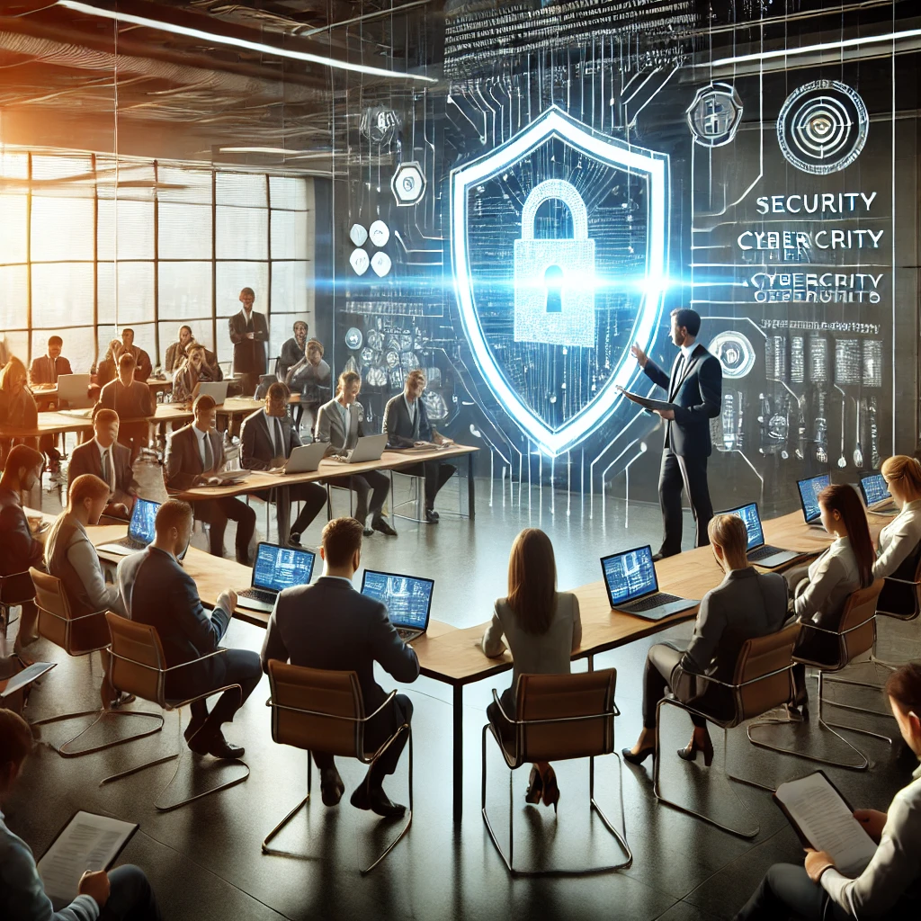 DALLE 2025-02-12 15.13.59 – A realistic digital illustration of a corporate cybersecurity training session. A d Ilustração realista de um treinamento corporativo de cibersegurança. Uma equipe de funcionários está reunida em um escritório moderno, participando ativamente da sessão com um instrutor que apresenta estratégias de defesa em uma tela. No centro, um grande escudo digital brilhante simboliza a importância dos colaboradores como a primeira linha de defesa contra ameaças cibernéticas. O ambiente transmite profissionalismo e conscientização sobre segurança digital.