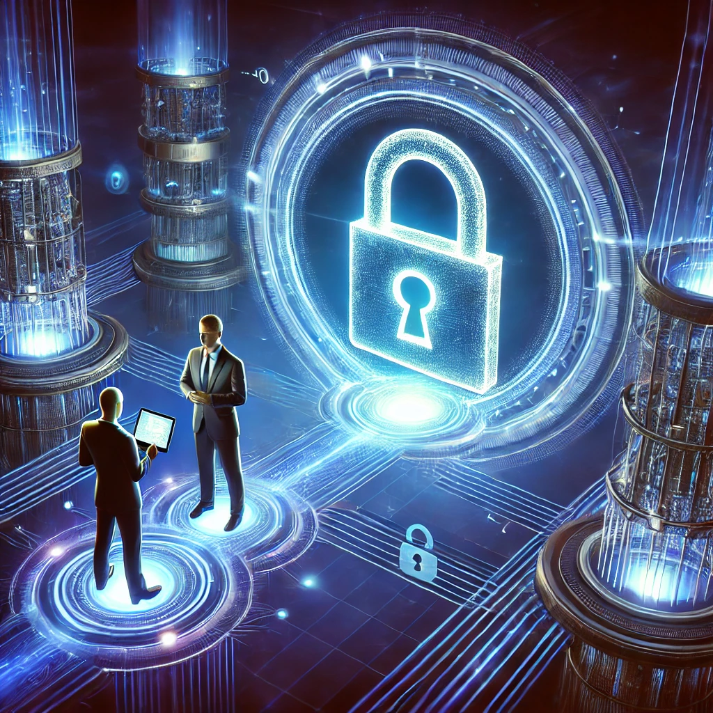 DALLE 2025-02-13 14.09.38 – A digital illustration representing two companies securely exchanging data. The connection between the Ilustração digital representando a terceirização de serviços com troca segura de dados entre duas empresas. No centro, um grande cadeado brilhante simboliza um canal criptografado protegendo a comunicação entre as partes. Túneis de dados conectam os profissionais, reforçando a importância da segurança na terceirização e na proteção contra brechas em parcerias empresariais. O cenário futurista destaca a cibersegurança como um pilar essencial na troca de informações sensíveis.