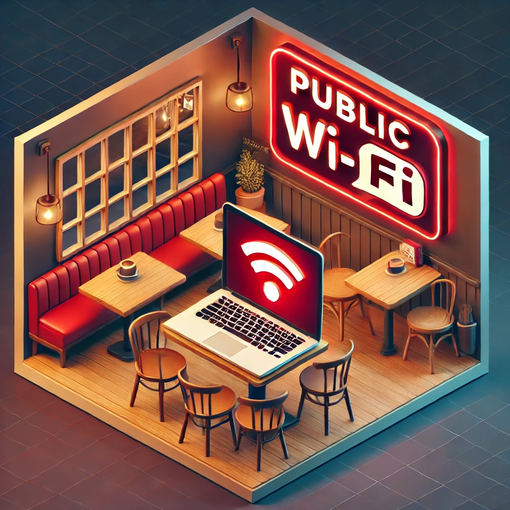 DALLE 2025-02-13 15.22.38 – An isometric digital illustration of a cozy café setting. At the center, a table holds an open laptop displa Ilustração isométrica de um café aconchegante com um notebook aberto sobre a mesa, exibindo um ícone de Wi-Fi em vermelho, simbolizando uma conexão insegura. No fundo, um letreiro iluminado com a mensagem “Public Wi-Fi” destaca a disponibilidade da rede pública. O ambiente acolhedor, com móveis de madeira e iluminação quente, contrasta com os tons vermelhos, reforçando a sensação de alerta e os riscos de segurança ao utilizar redes abertas.