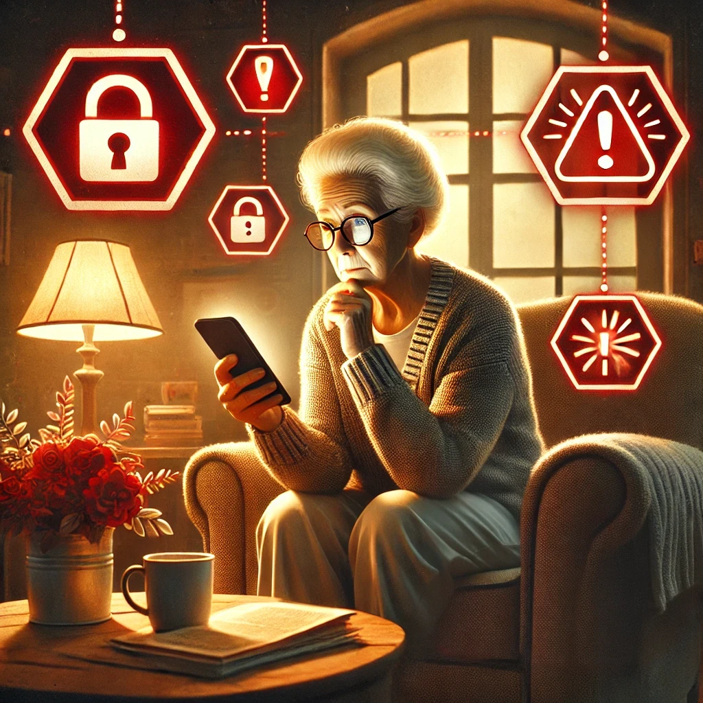DALLE 2025-02-14 14.23.00 – A warm yet urgent digital illustration of an elderly person using a smartphone at home, displaying a cautious ex Ilustração de uma idosa usando um smartphone em um ambiente aconchegante, sentada em uma poltrona com iluminação quente e objetos pessoais ao redor. Sua expressão transmite cautela, simbolizando a importância de proteger idosos contra golpes online. A cena destaca a necessidade de conscientização digital para garantir a segurança e bem-estar dos mais velhos na internet.