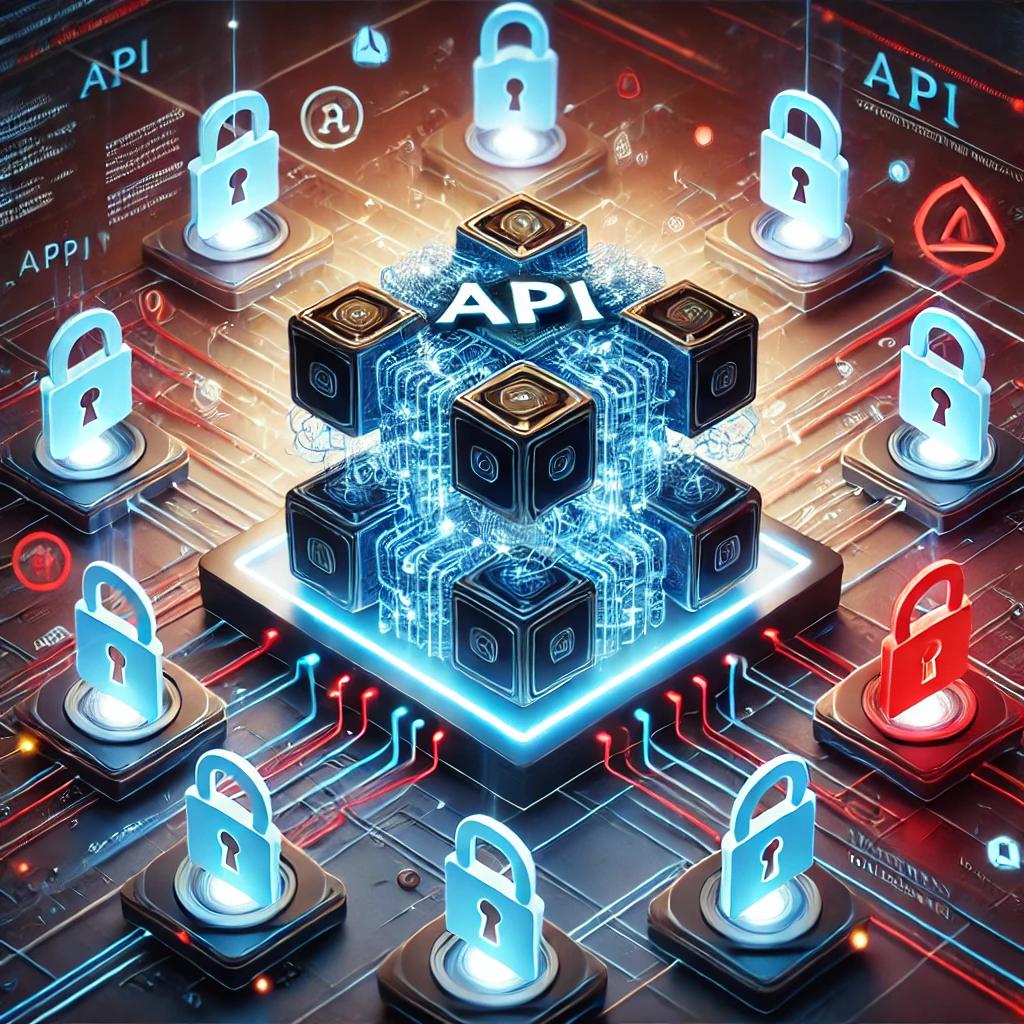 DALLE 2025-02-14 14.58.14 – A conceptual digital illustration representing an API as a central block, with data streams flowing in multiple dire Ilustração conceitual de uma API representada como um bloco central, com fluxos de dados em várias direções. Cadeados ao redor simbolizam segurança, enquanto um cadeado destacado com um ícone de alerta enfatiza a necessidade de proteção contra vulnerabilidades. O design moderno e tecnológico utiliza tons de azul e vermelho para contrastar entre segurança e possíveis ameaças.