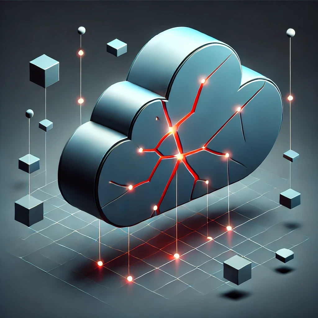 DALLE 2025-02-17 14.43.52 – A professional 3D-style illustration representing fragile cloud security. A stylized cloud with smooth, rou Ilustração 3D representando segurança frágil em cloud, com uma nuvem estilizada apresentando rachaduras vermelhas e conexões instáveis. Pequenos cubos desalinhados flutuam ao redor, simbolizando erros comuns na gestão da AWS, Azure e GCP. O fundo escuro e tecnológico reforça a ideia de vulnerabilidades na computação em nuvem.